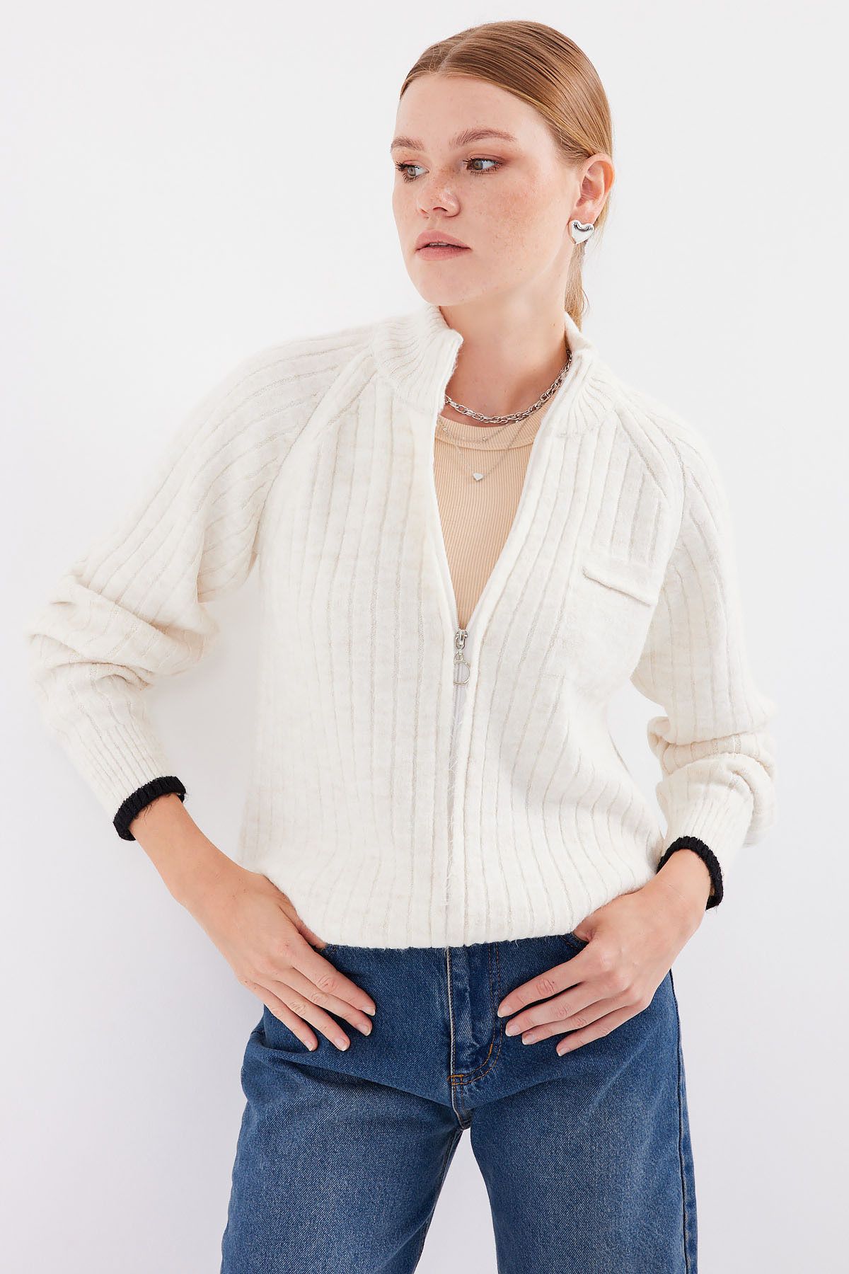 Bigdart-15863 Strickjacke mit Reißverschluss - Ecru 4