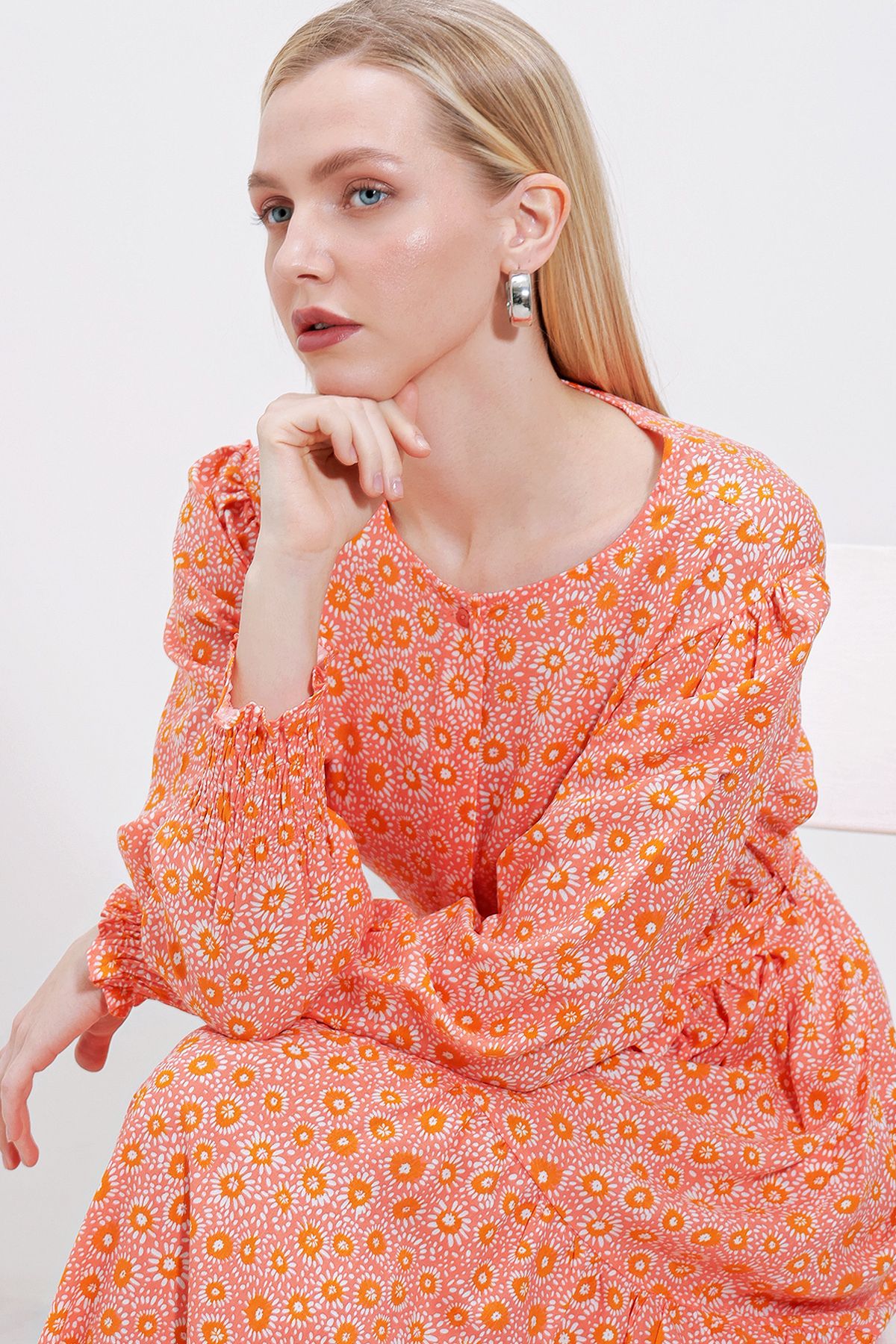 Bigdart-2374 Rochie lungă din viscoză cu model - Trandafir uscat 3