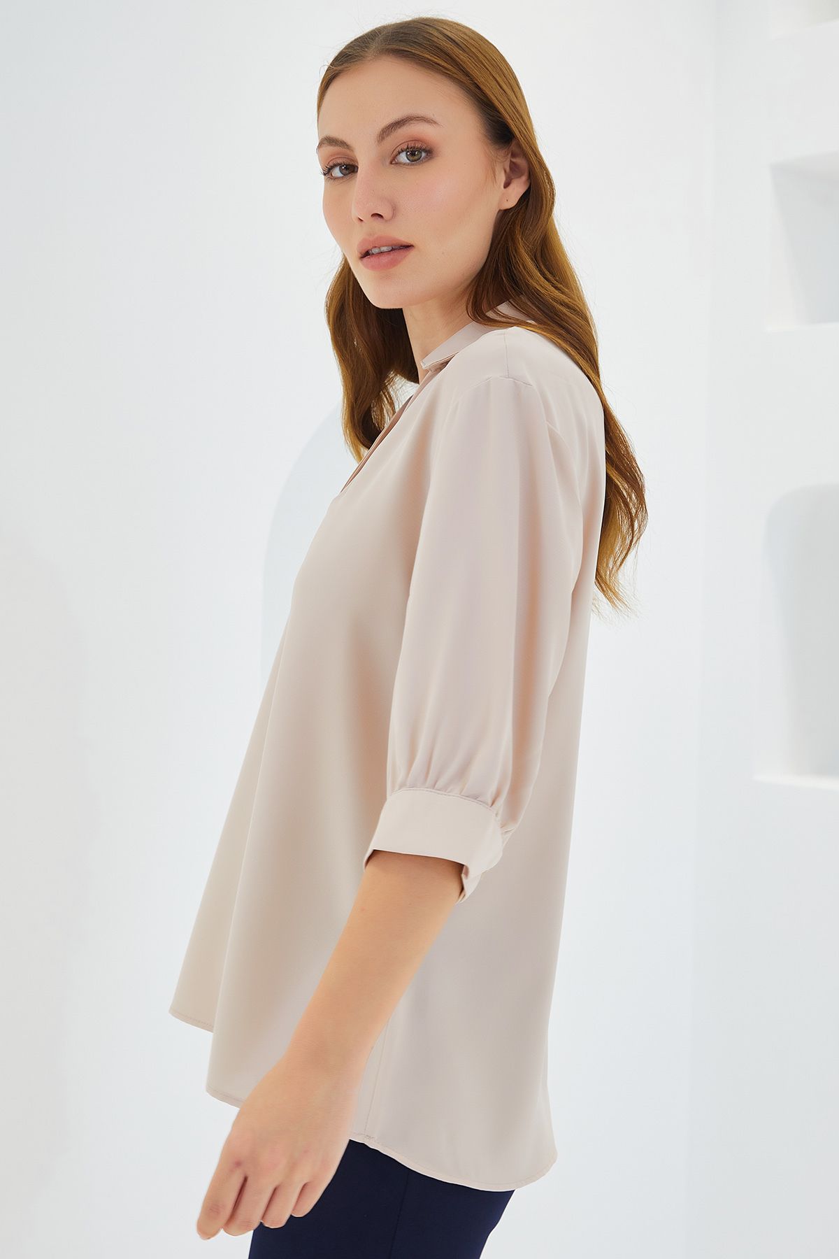 Bigdart-Cremefarbene Satinbluse mit Hemdkragen für Damen 0493 3