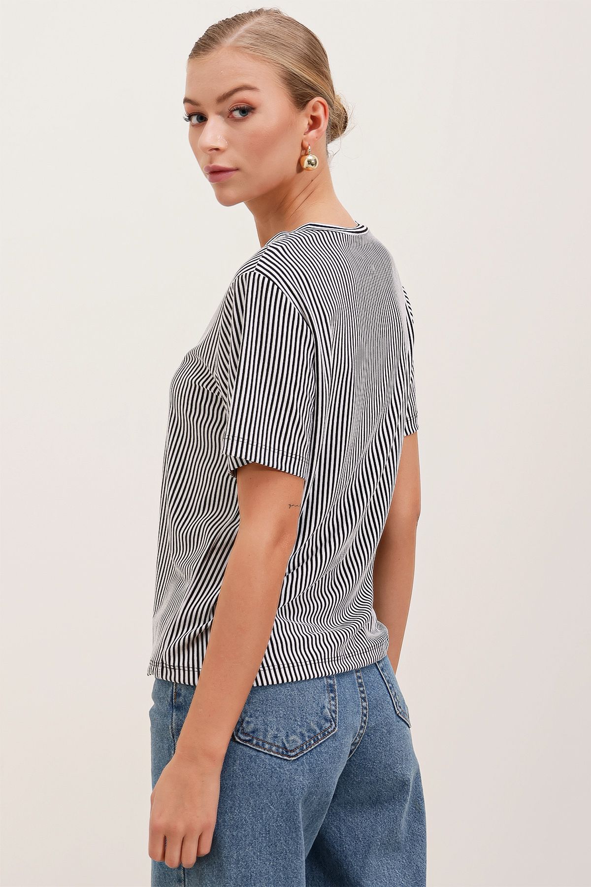 Bigdart-4313 Ριγέ Basic T-Shirt - Μαύρο 5