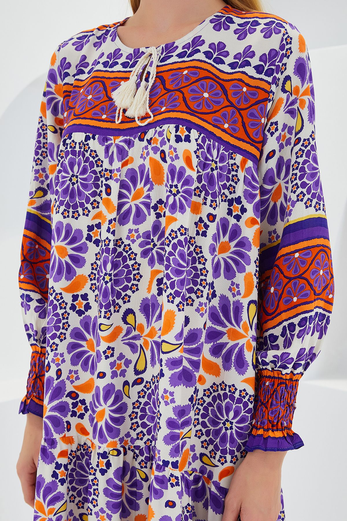 Bigdart-Purple Brick Patterned Viscose Long Women's Dress - 1947 4