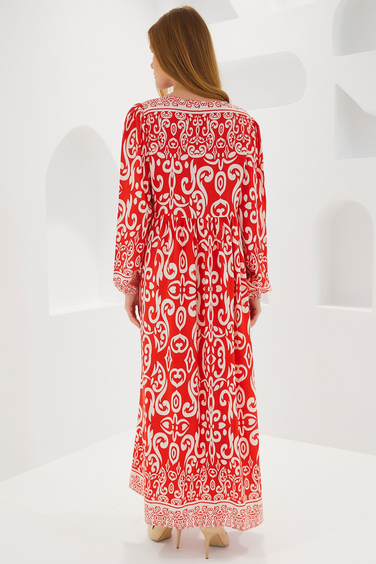 Bigdart-Women's Red Patterned Long Viscose Dress 1947 4