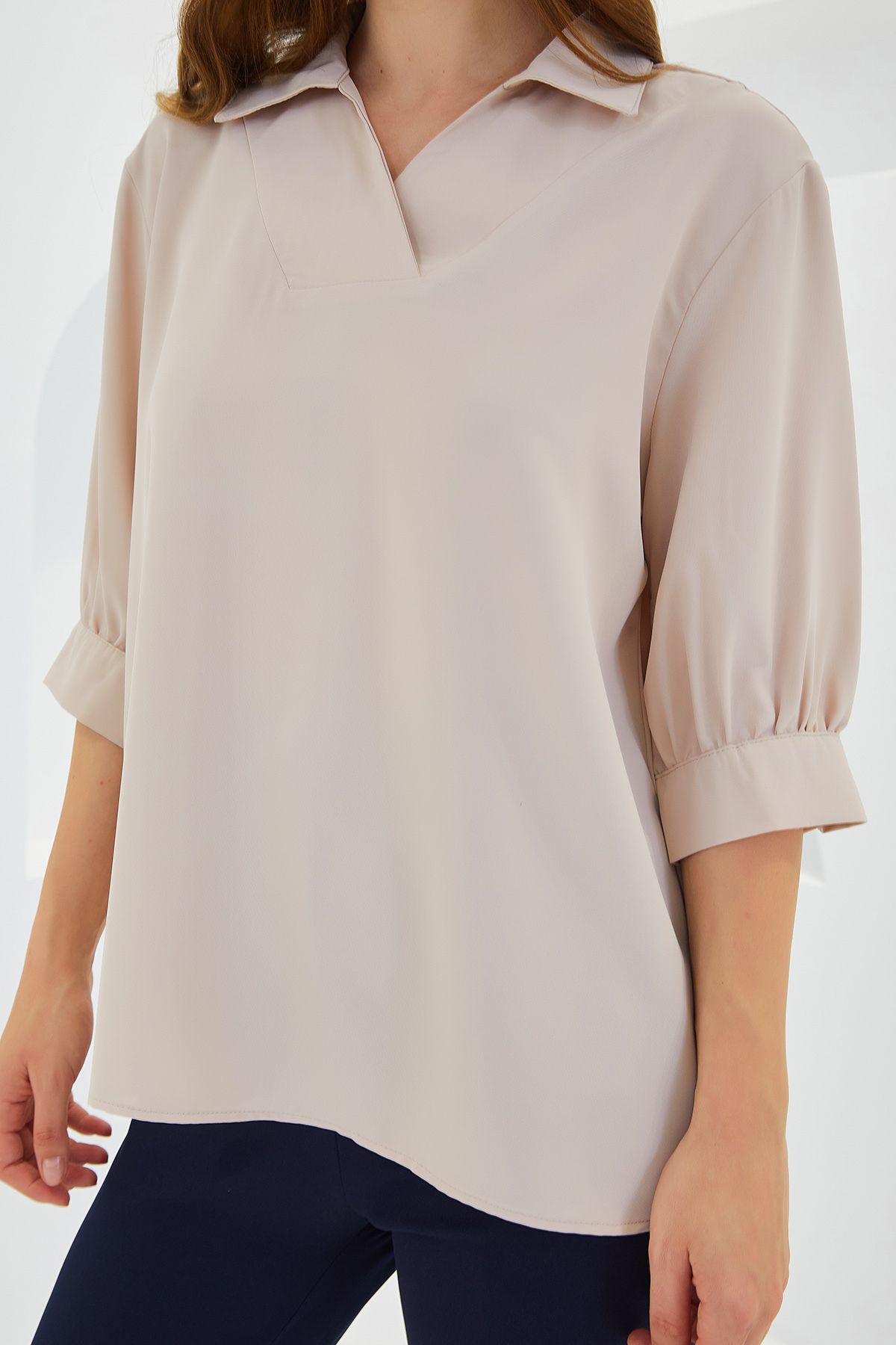 Bigdart-Cremefarbene Satinbluse mit Hemdkragen für Damen 0493 4