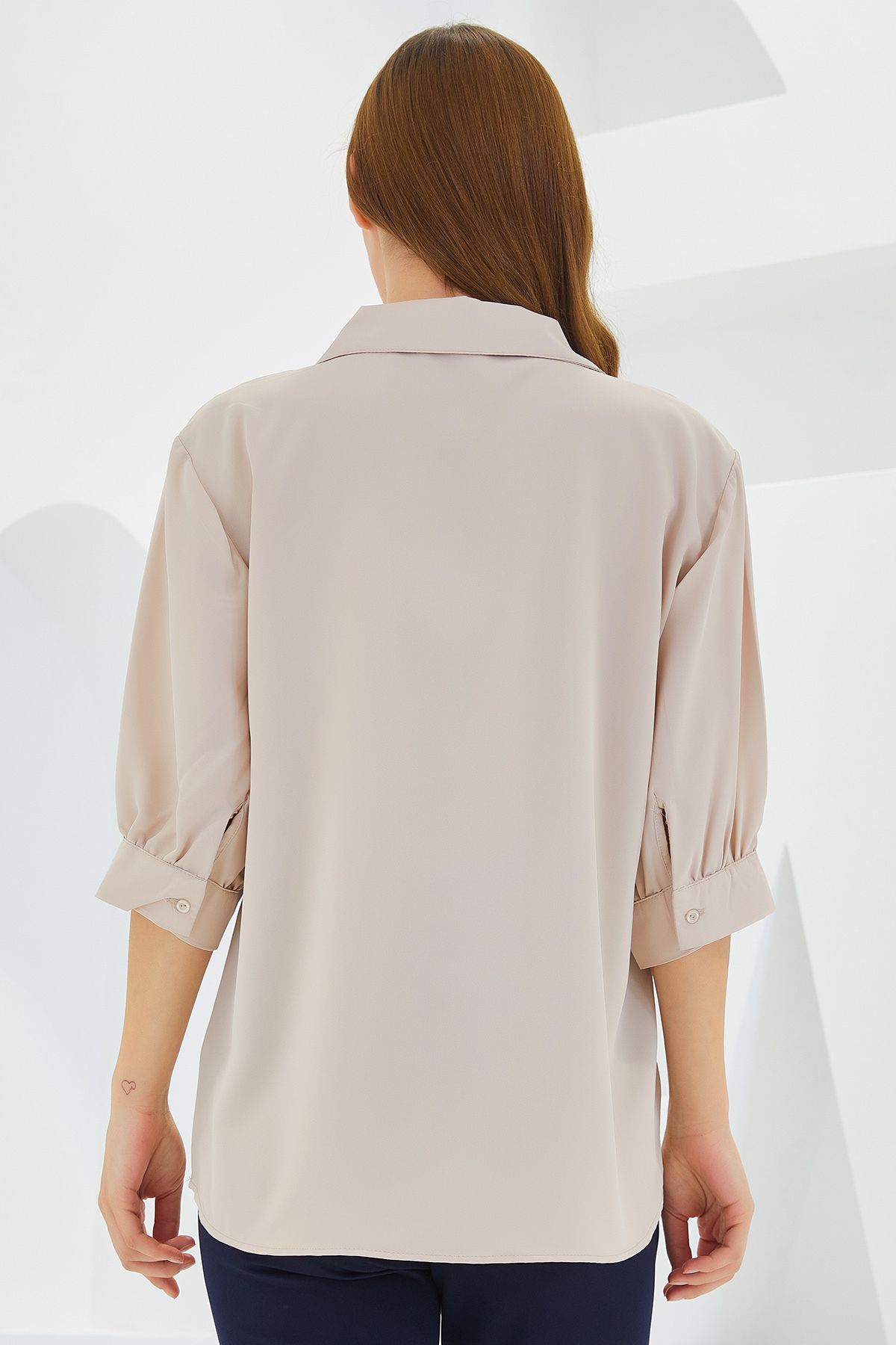Bigdart-Cremefarbene Satinbluse mit Hemdkragen für Damen 0493 5