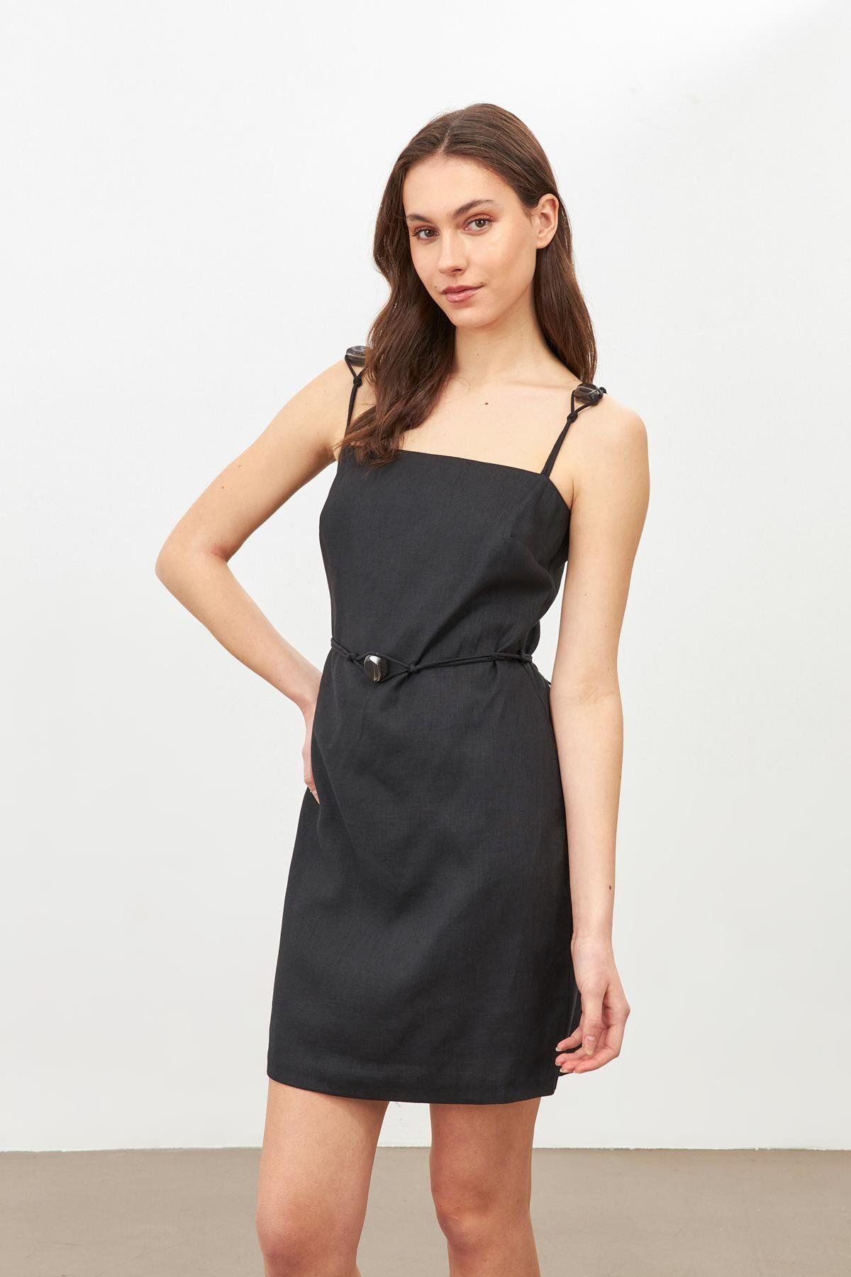 Setre-Short Dress with Black Linen Bead Belt Detail 4