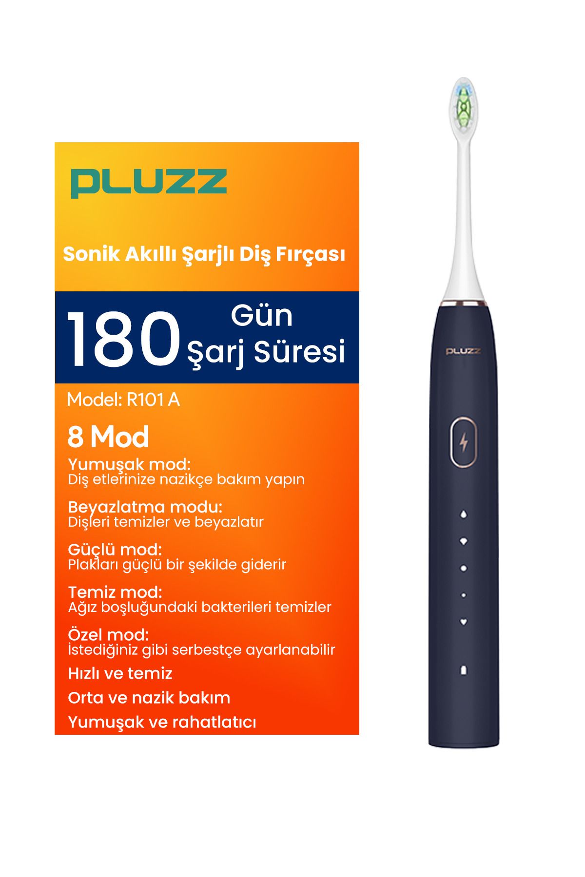 Pluzz R101a Smart Sonic Şarjlı Diş Fırçası 180 Gün Şarj Süresi Lacivert