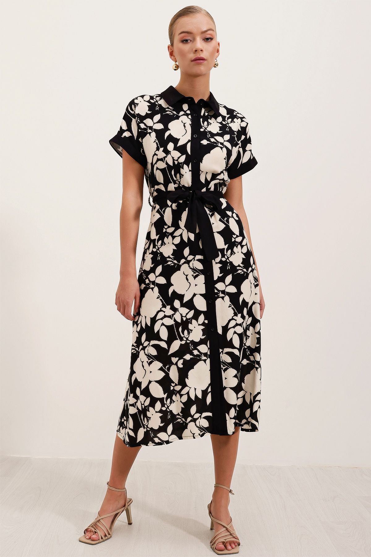 Bigdart-2455 Gemustertes Hemdblusenkleid - Schwarz 4