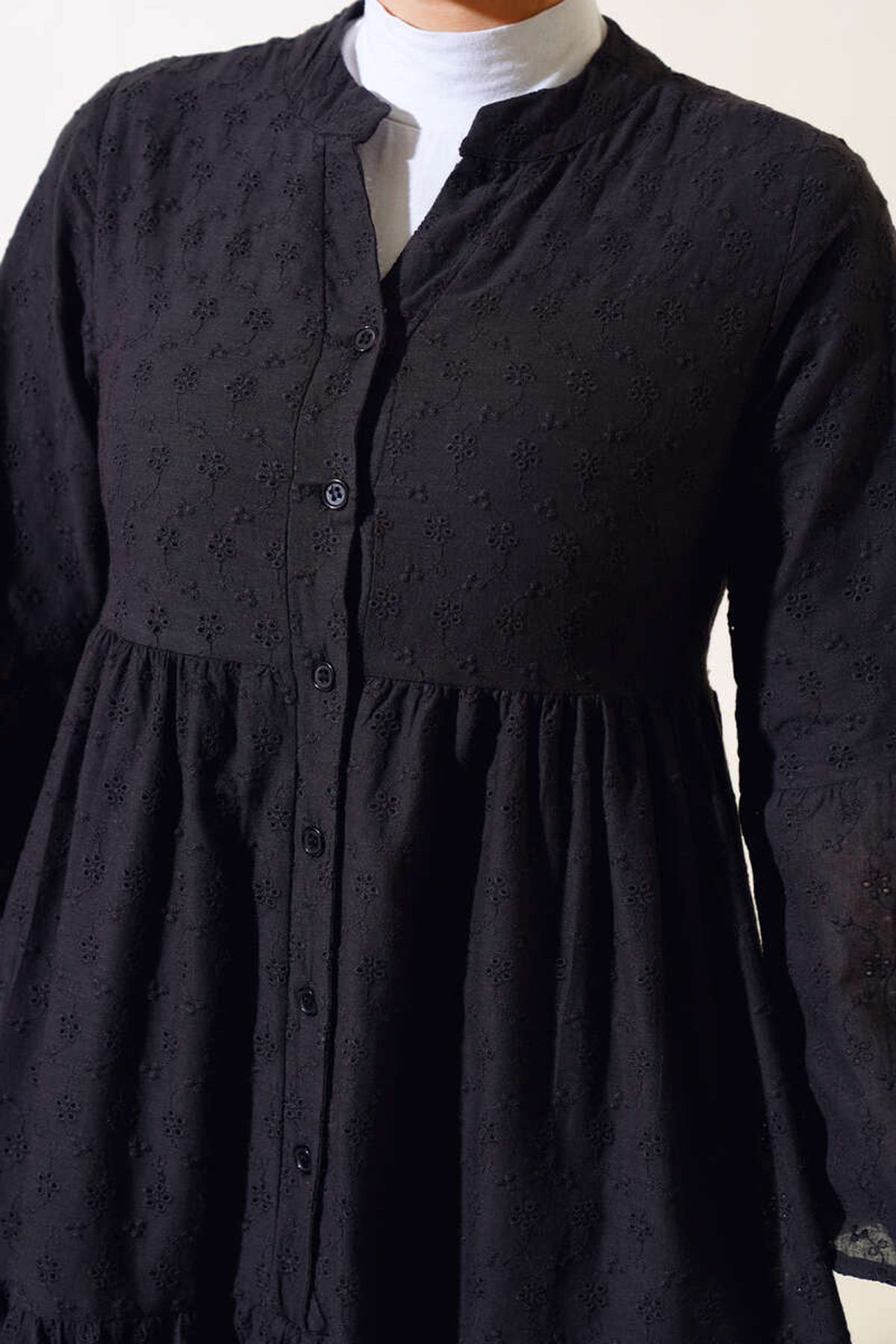 Bigdart-Women's Black Scalloped Patterned Linen Dress 2469 3