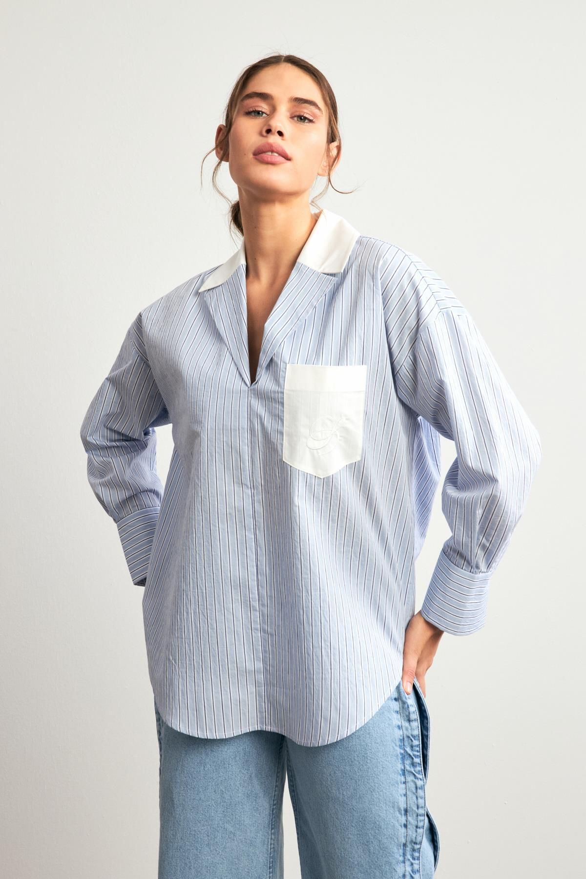 Setre-V-Neck Pocket Detailed Striped Blue Shirt 4