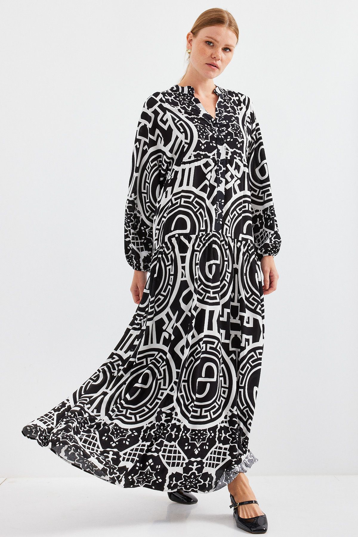 Bigdart-Women's Patterned Black and White Viscose Hijab Dress 2423 3