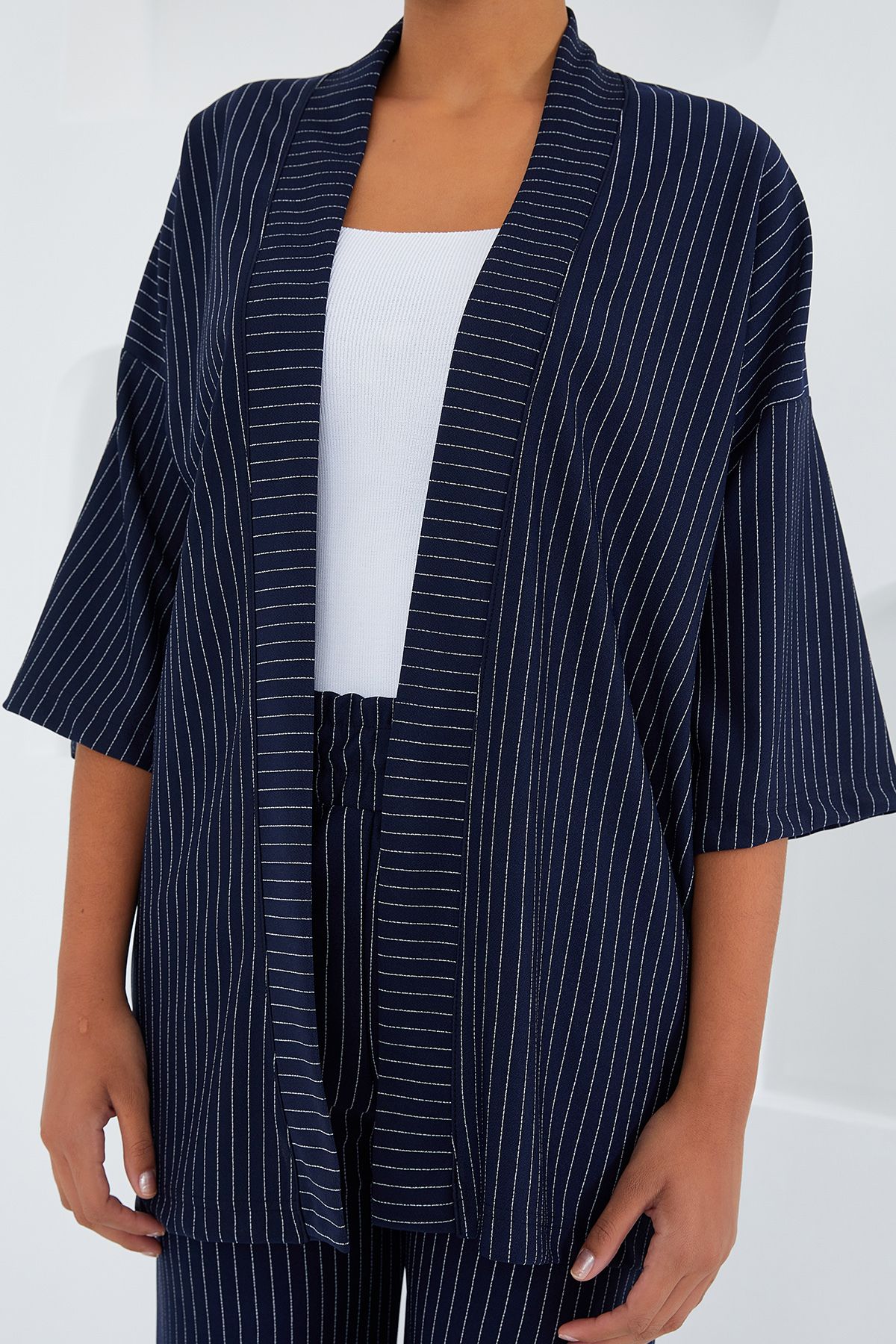 Bigdart-6661 Women's Striped Kimono Double Set - Navy Blue 5