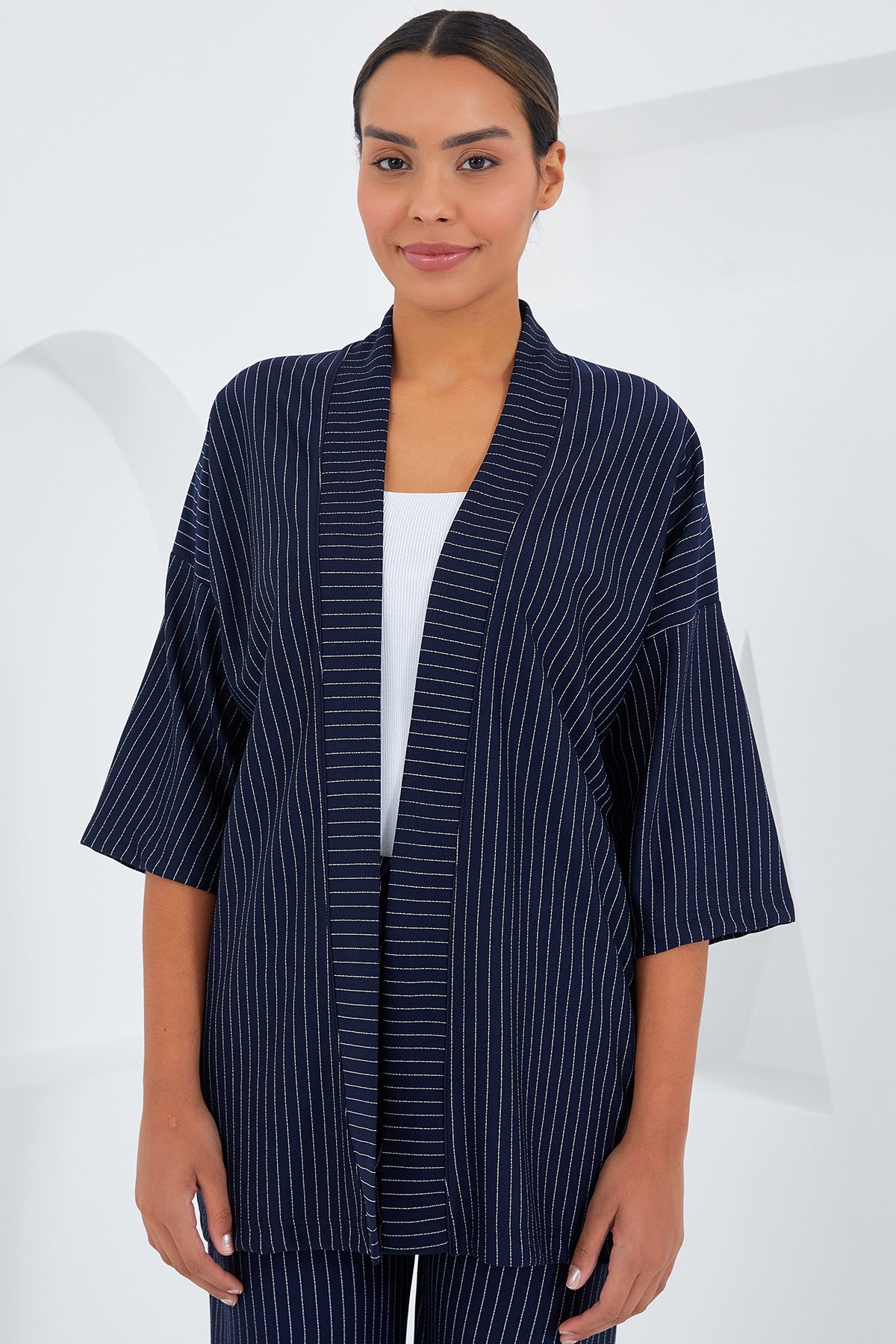 Bigdart-6661 Women's Striped Kimono Double Set - Navy Blue 3