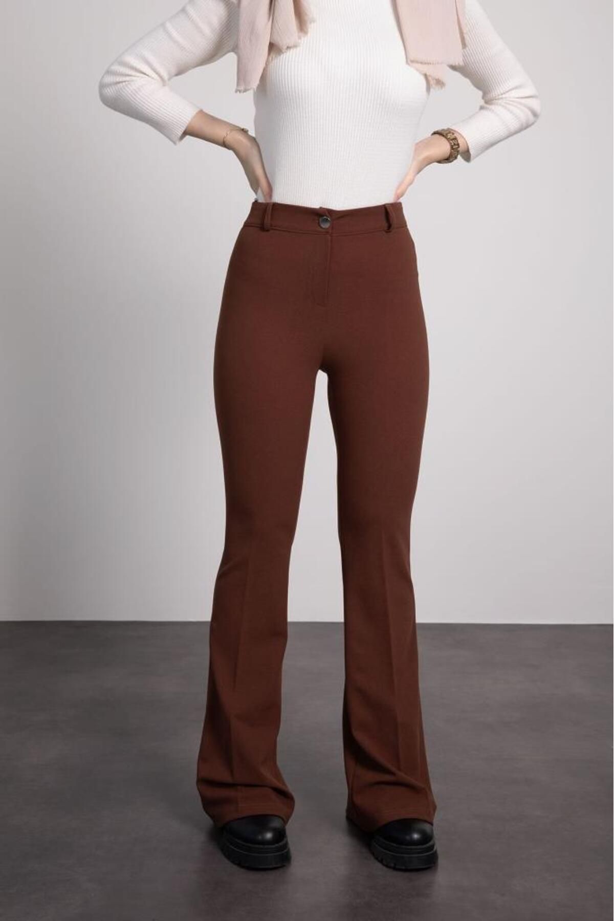 Lamia Giyim-Brown Metal Buttoned Spanish Leg Hijab Trousers 1