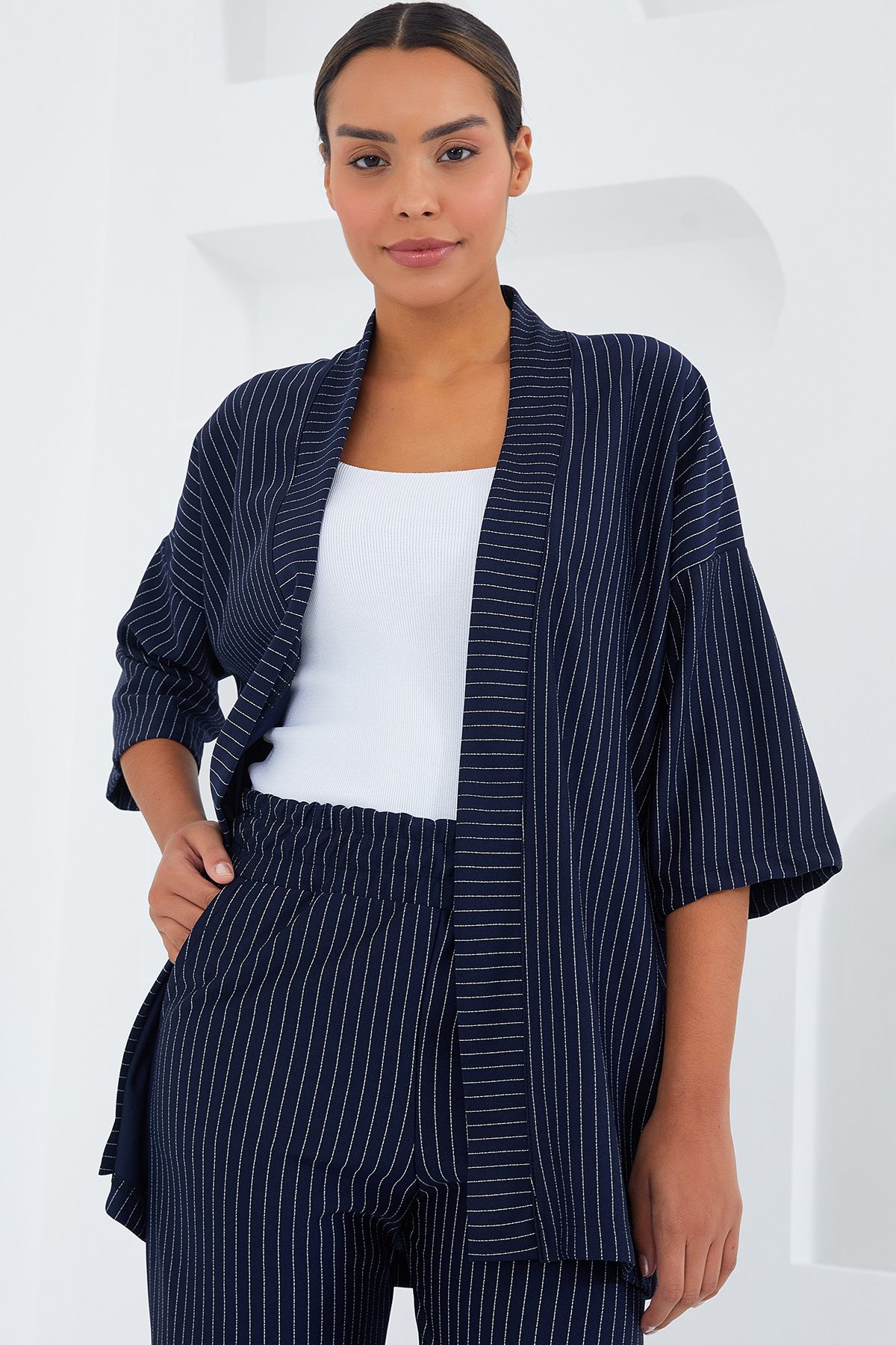 Bigdart-6661 Women's Striped Kimono Double Set - Navy Blue 4