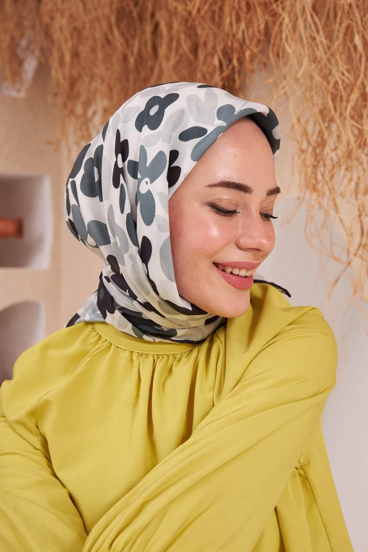 İpekhan-İpekhan Flowers Series Λευκό μαύρο βαμβακερό κασκόλ βισκόζης 1122-13 3