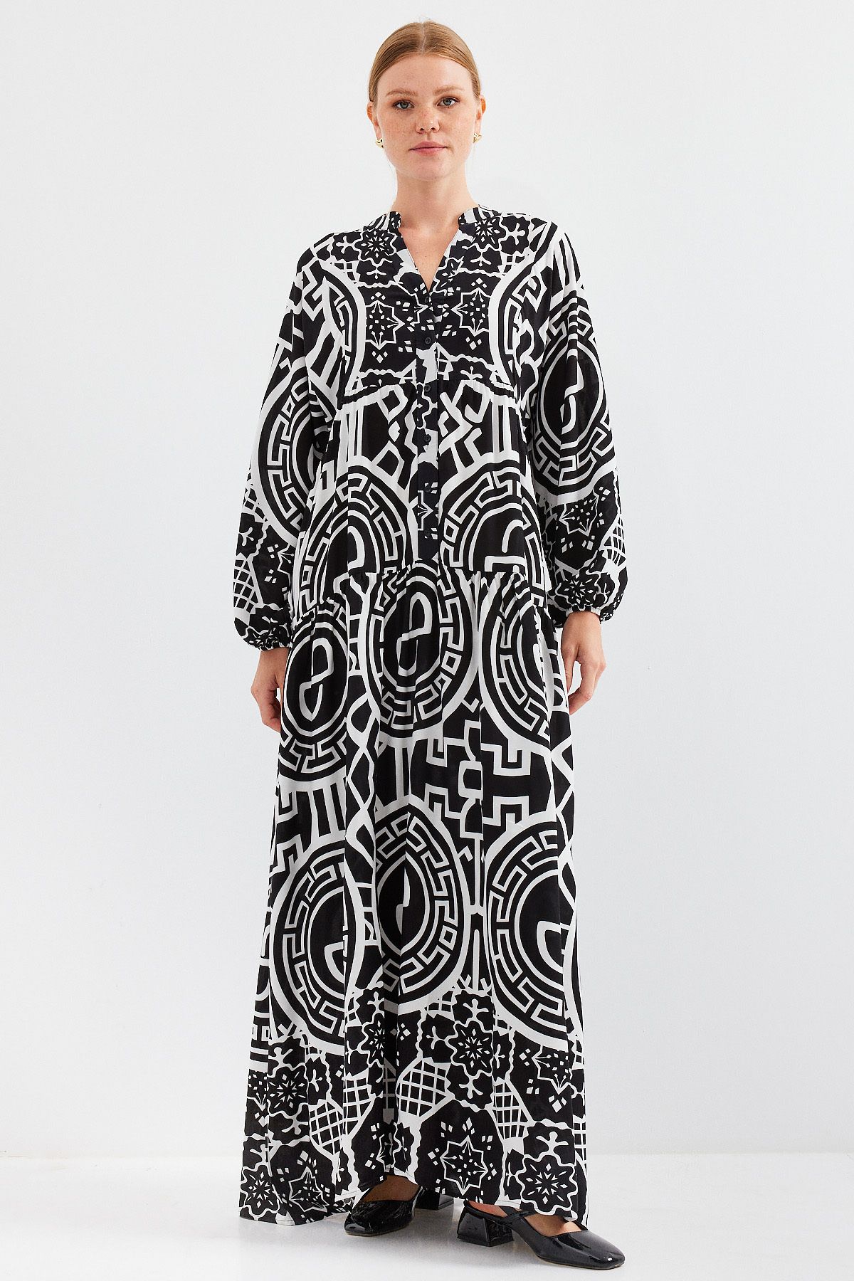 Bigdart-Women's Patterned Black and White Viscose Hijab Dress 2423 5