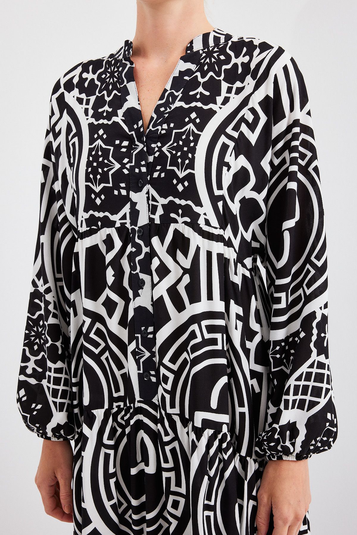 Bigdart-Women's Patterned Black and White Viscose Hijab Dress 2423 6