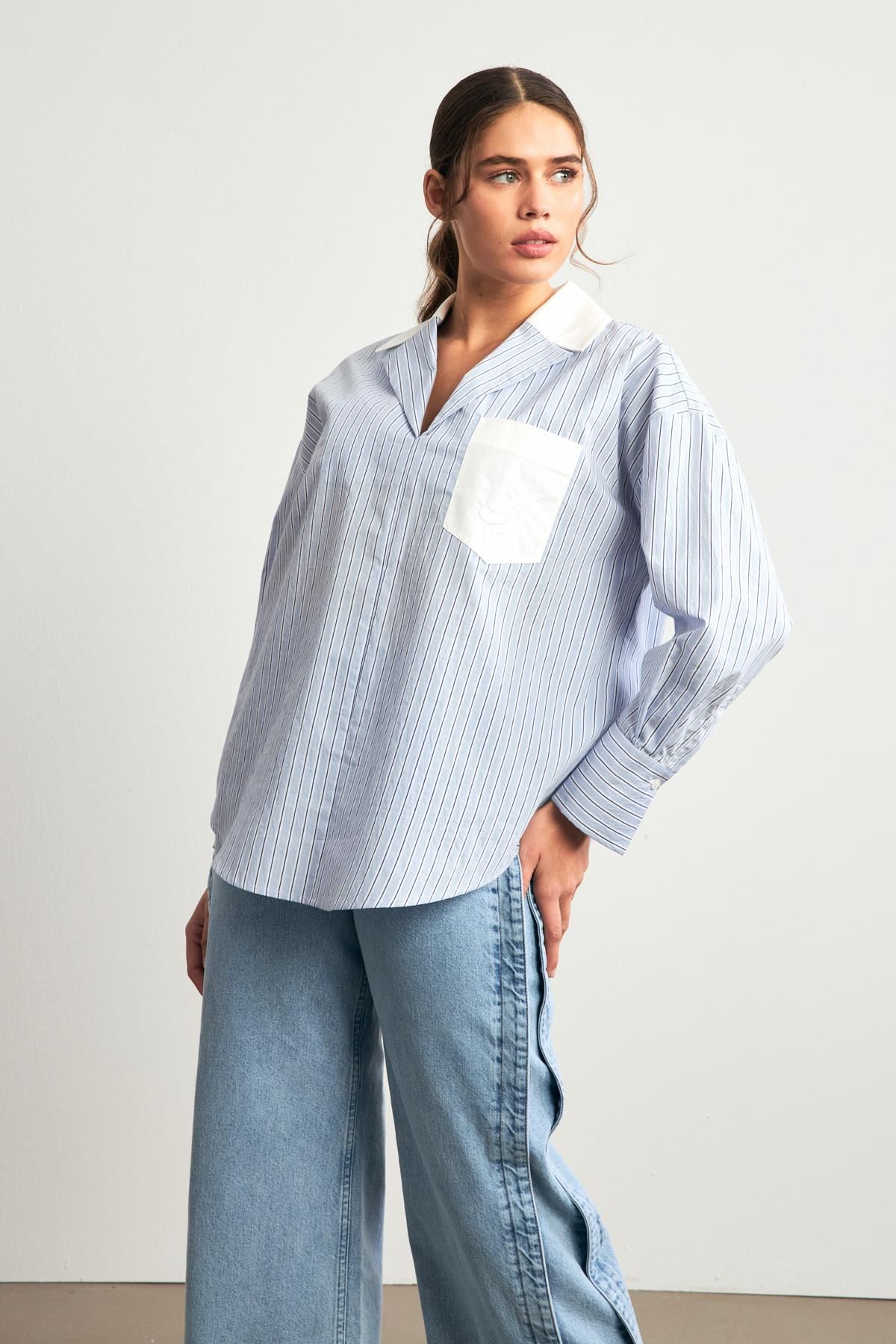 Setre-V-Neck Pocket Detailed Striped Blue Shirt 1