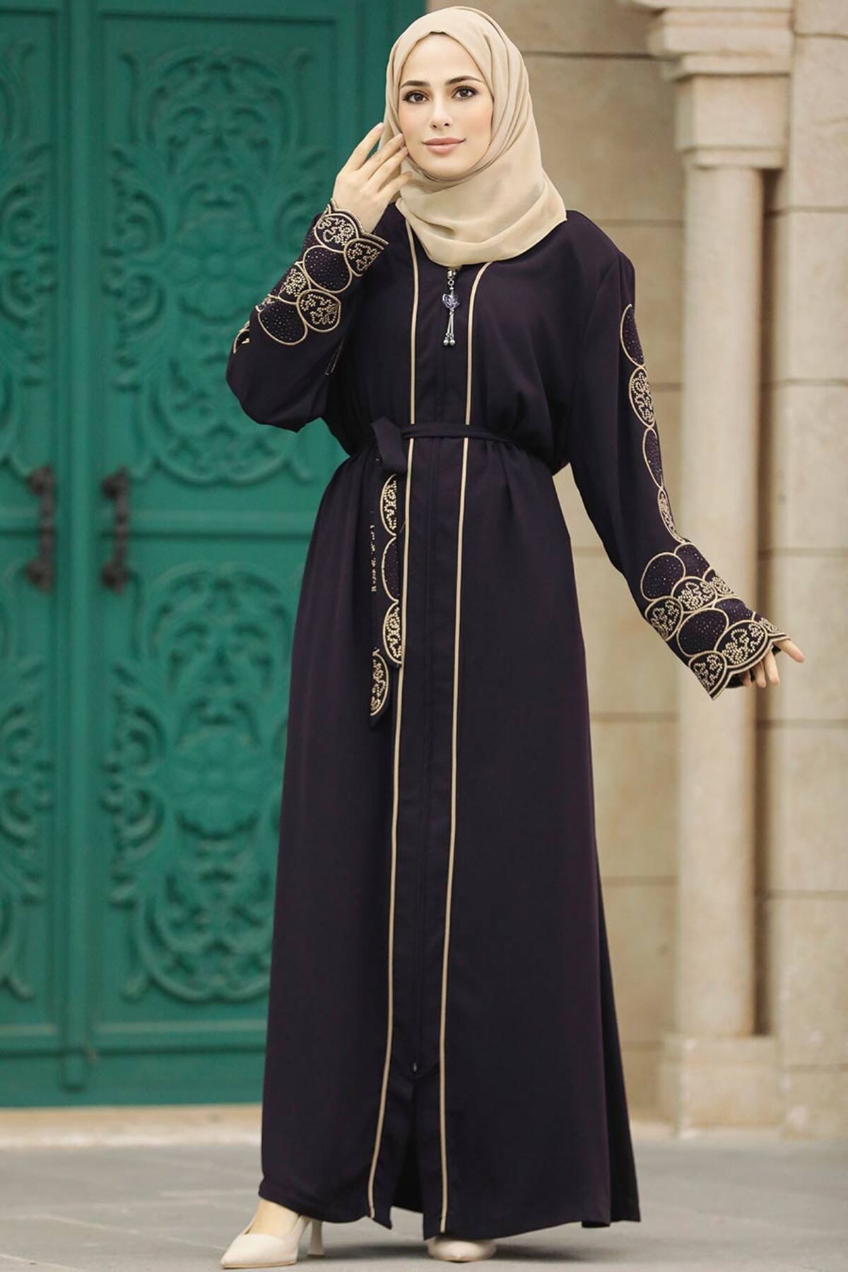 Neva Style-Plum Zippered Hijab Abaya - 23151Mu 1