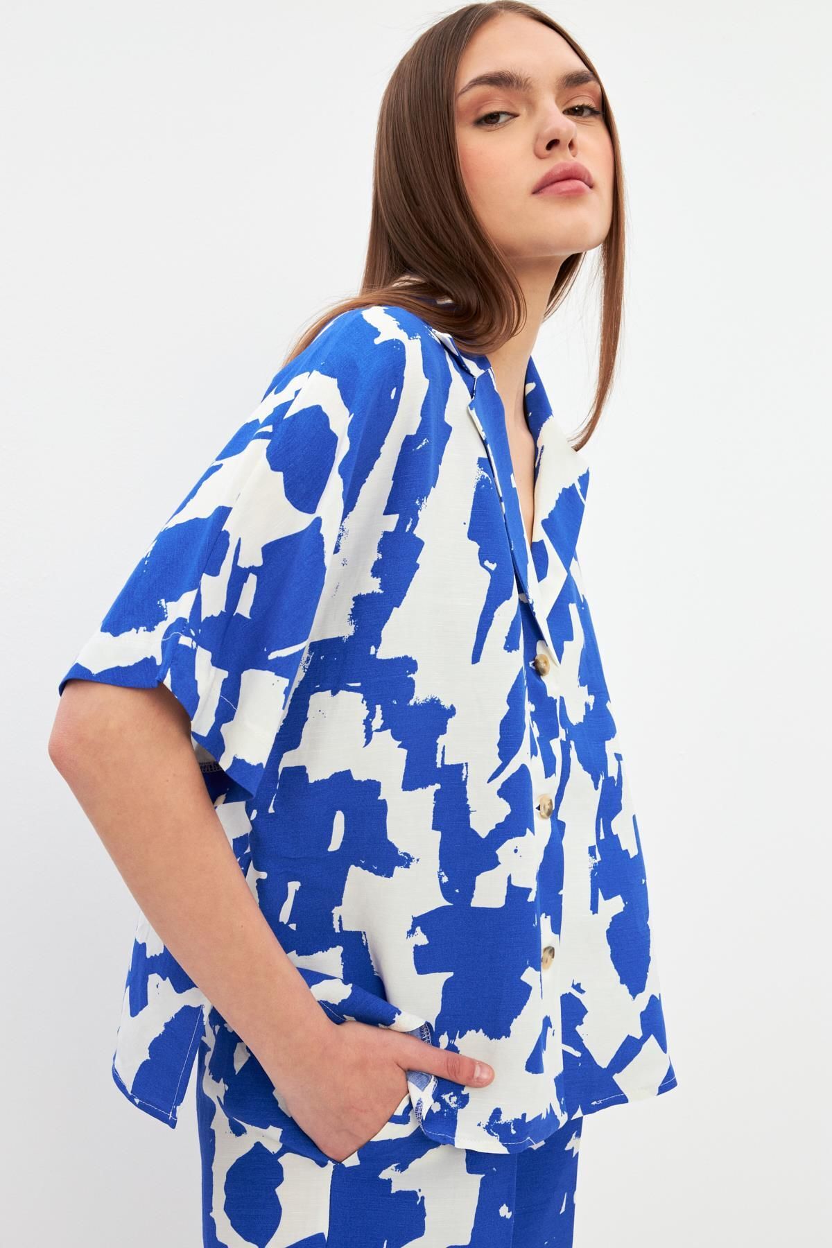 Setre-Ecru-Navy Blue Patterned Short Sleeve Shirt 4