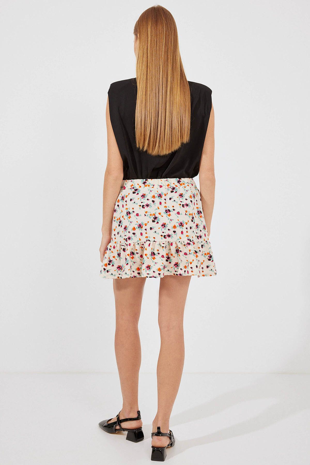 Bigdart-1884 Patterned Viscose Mini Skirt - Cream Color 5