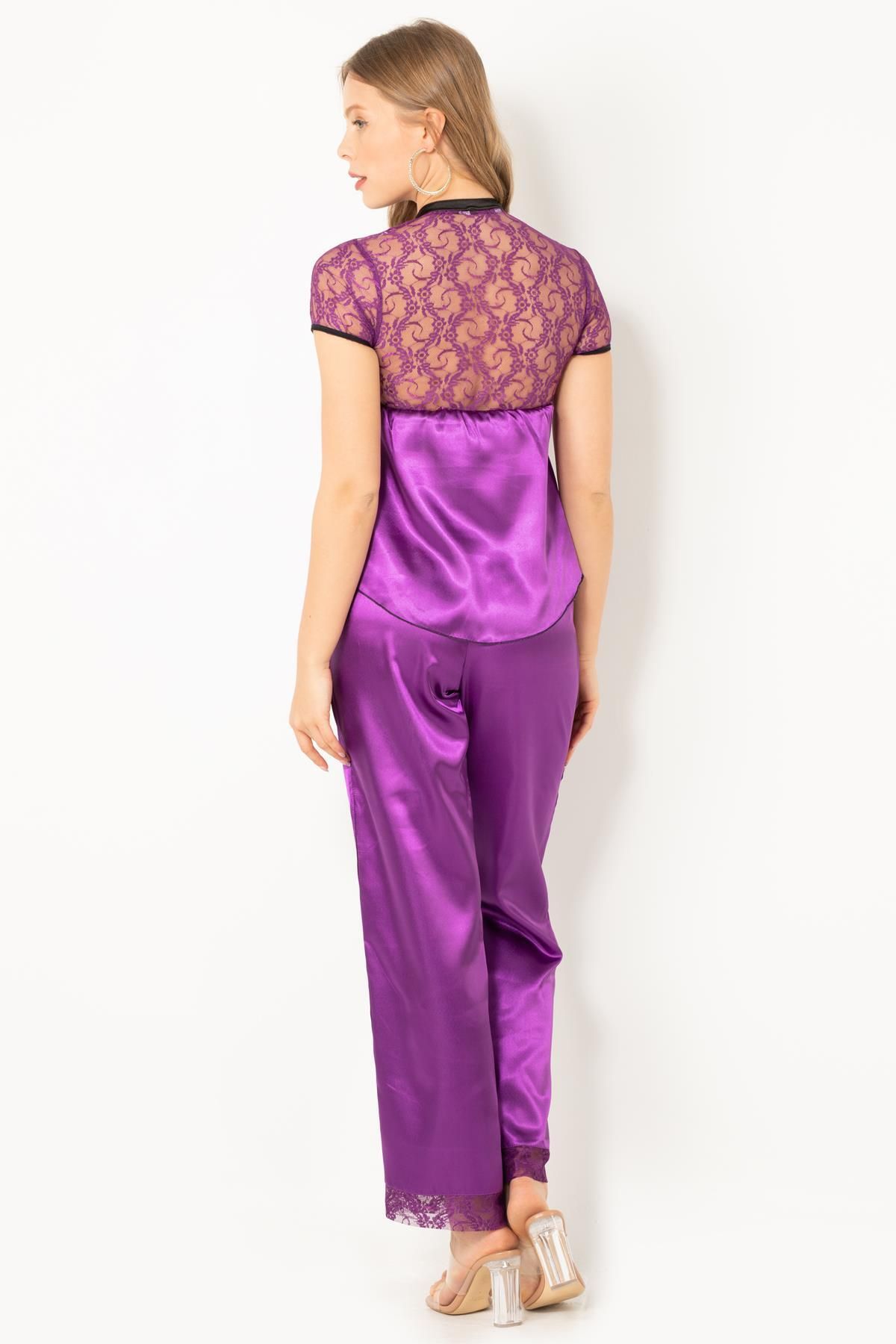 Miorre-Satin-Pyjama-Set – Damen, Spitzendetails, kurze Ärmel 7