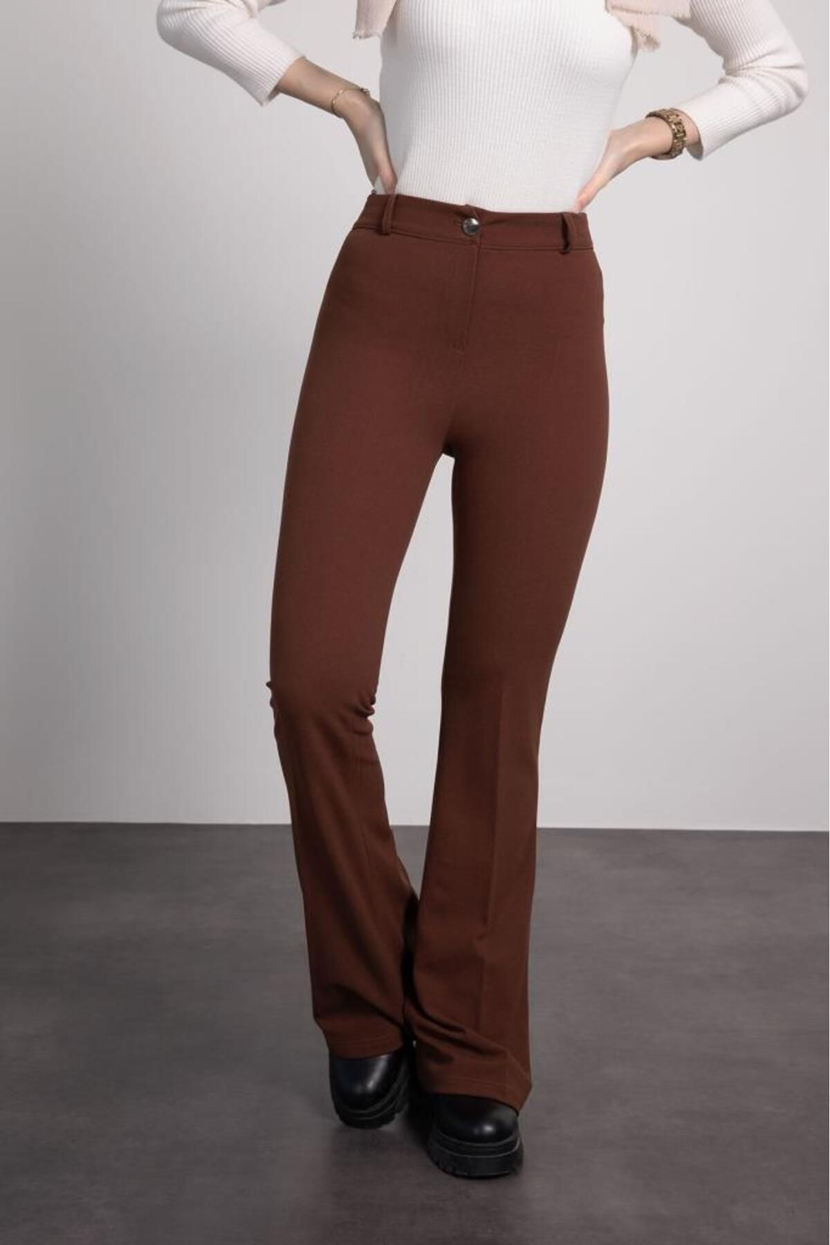 Lamia Giyim-Brown Metal Buttoned Spanish Leg Hijab Trousers 2