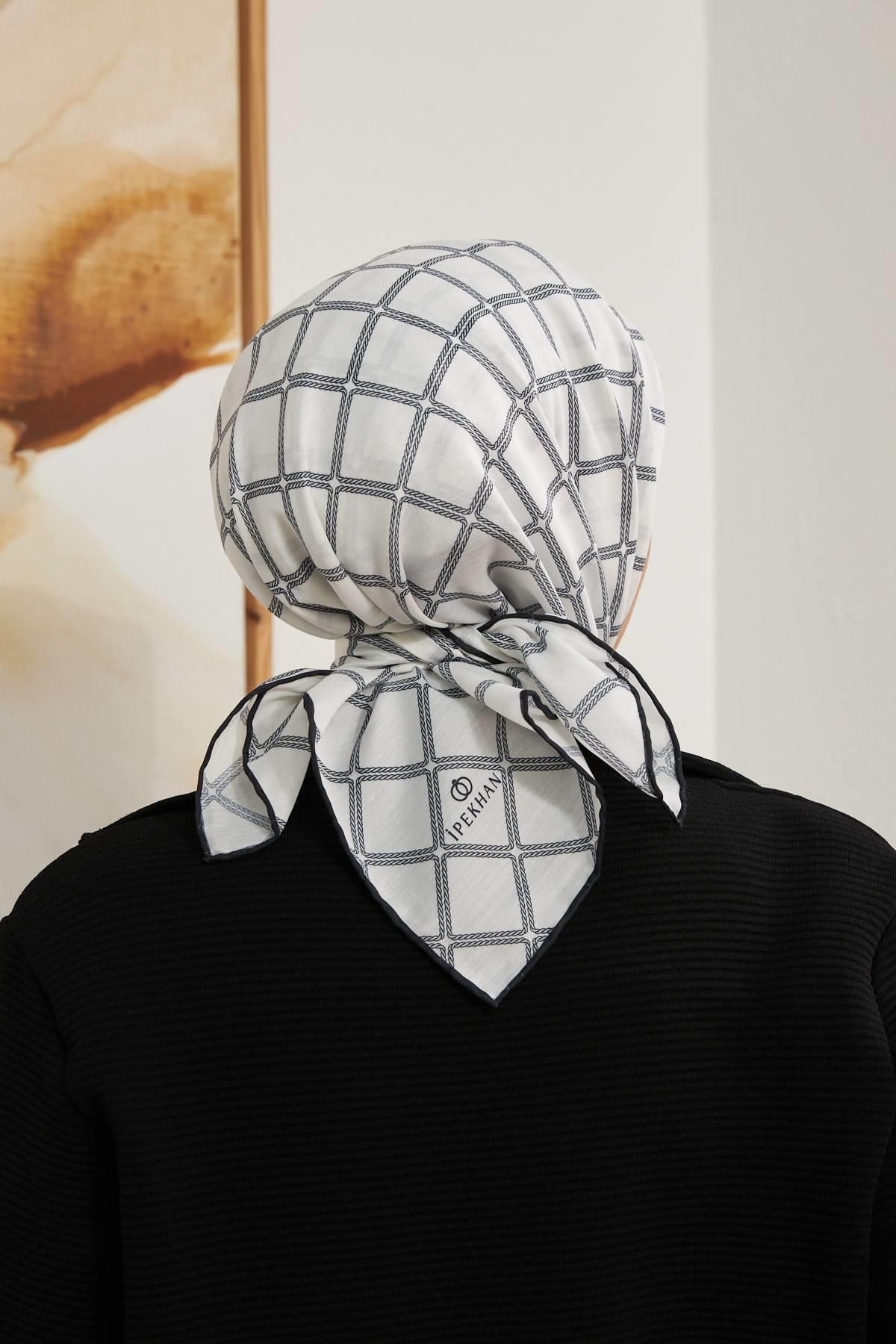 İpekhan-İpekhan White Viscose Scarf - Stripe Pattern Series, Bone 1125-07 4