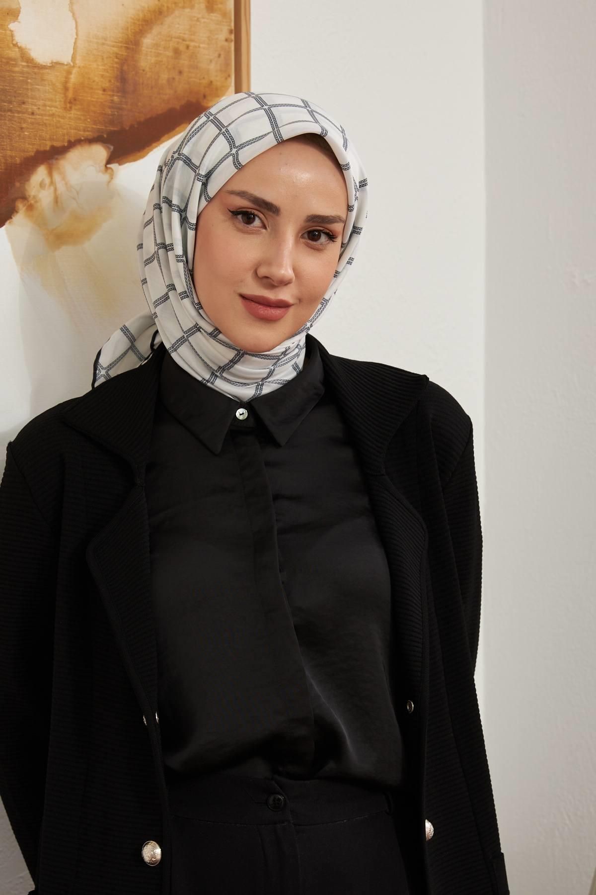 İpekhan-İpekhan White Viscose Scarf - Stripe Pattern Series, Bone 1125-07 2