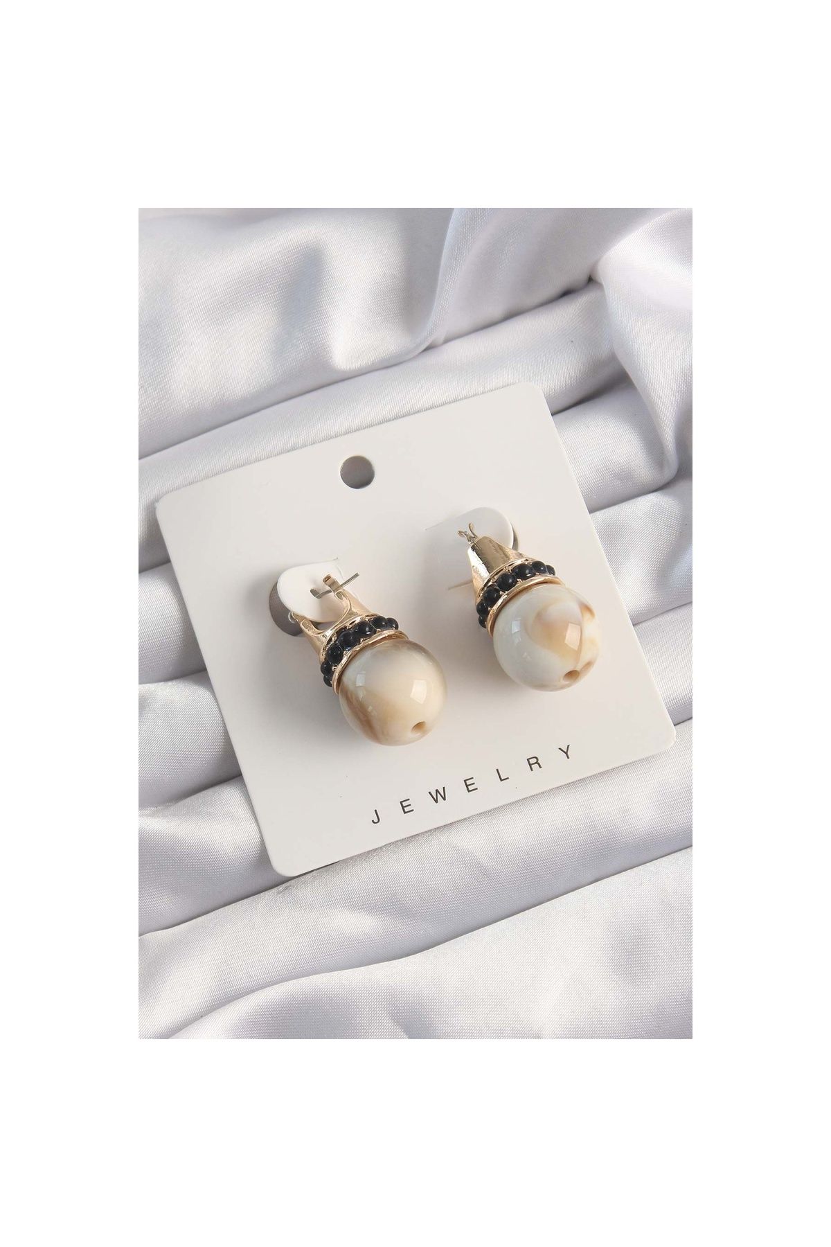 Skygo-Brass Gold Color Black Stone Beige Marble Patterned Earrings - Tj-Bko9516 2