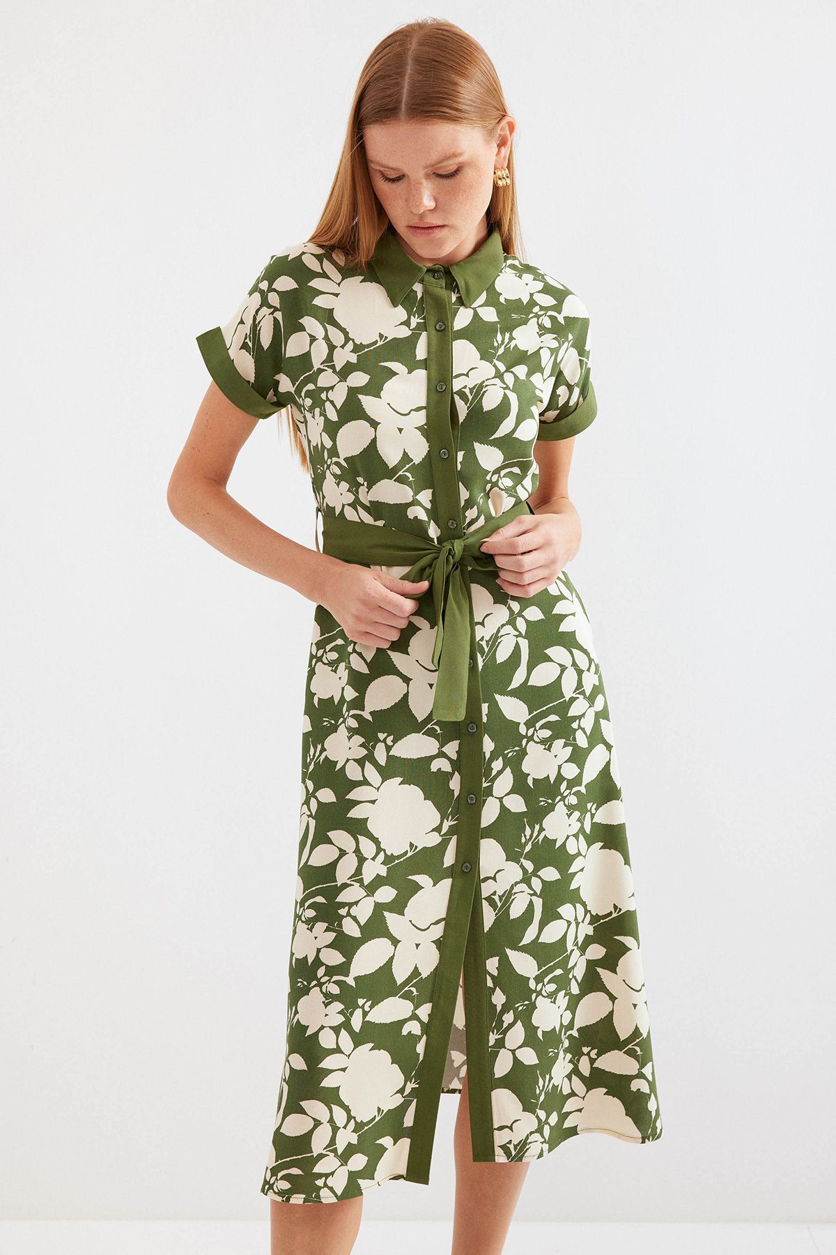 Bigdart-2455 Gemustert - Khakifarbenes Hemdblusenkleid 3