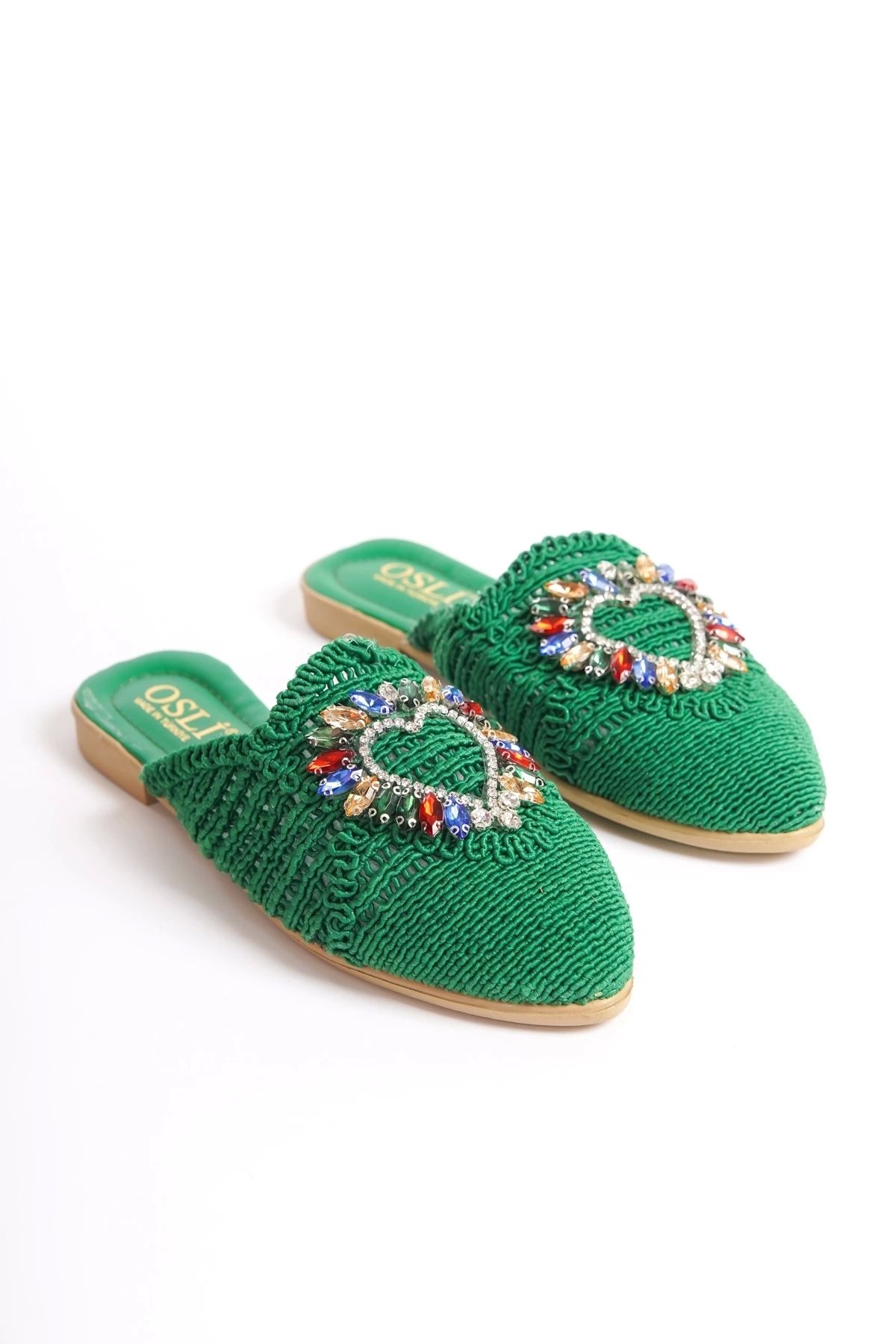 CAMOLLA-Green Lace Women's Slippers - Colorful Stone DeTailed 4