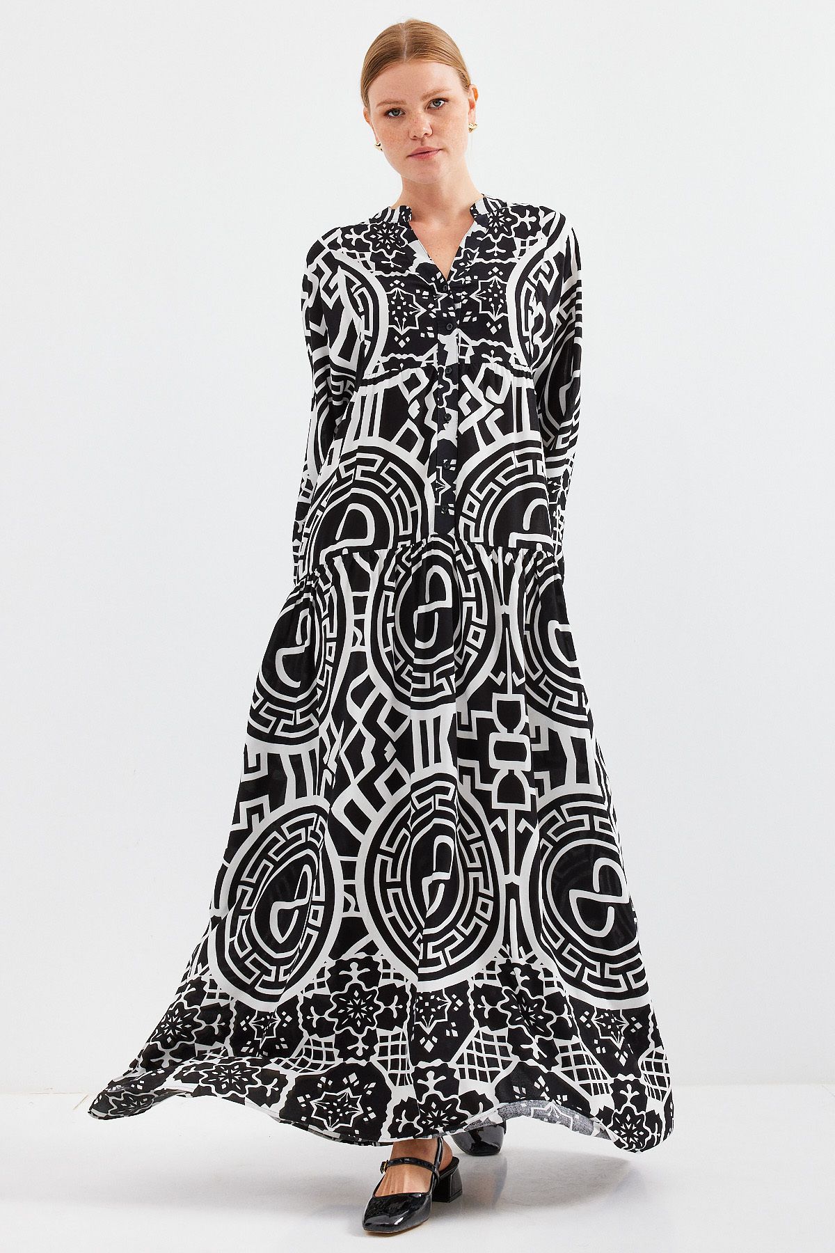 Bigdart-Women's Patterned Black and White Viscose Hijab Dress 2423 4