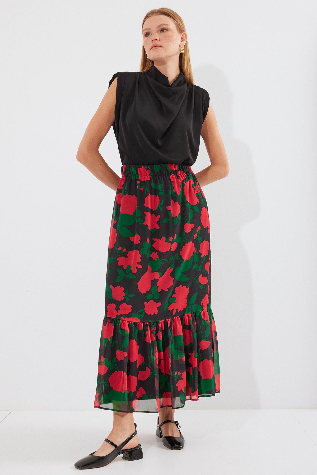 Bigdart-8010 Patterned Chiffon Skirt - F. Black 6