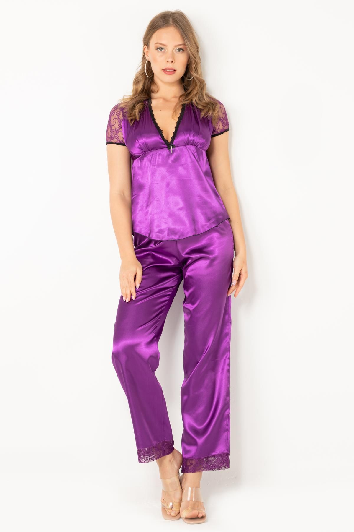Miorre-Satin-Pyjama-Set – Damen, Spitzendetails, kurze Ärmel 3
