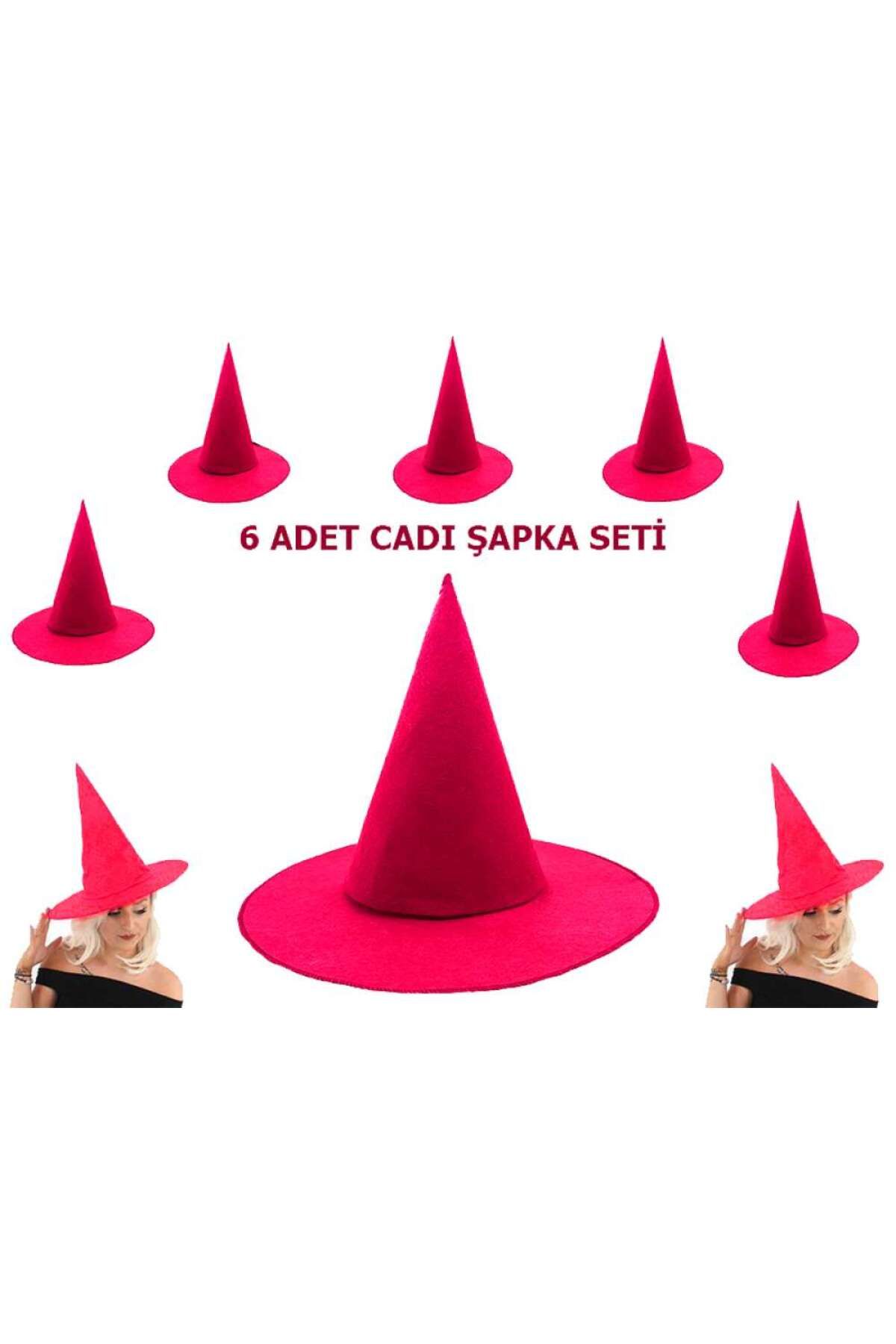 feifei Pembe Fuşya Renk Keçe Cadı Şapkası Yetişkin Çocuk Uyumlu 6 Adet