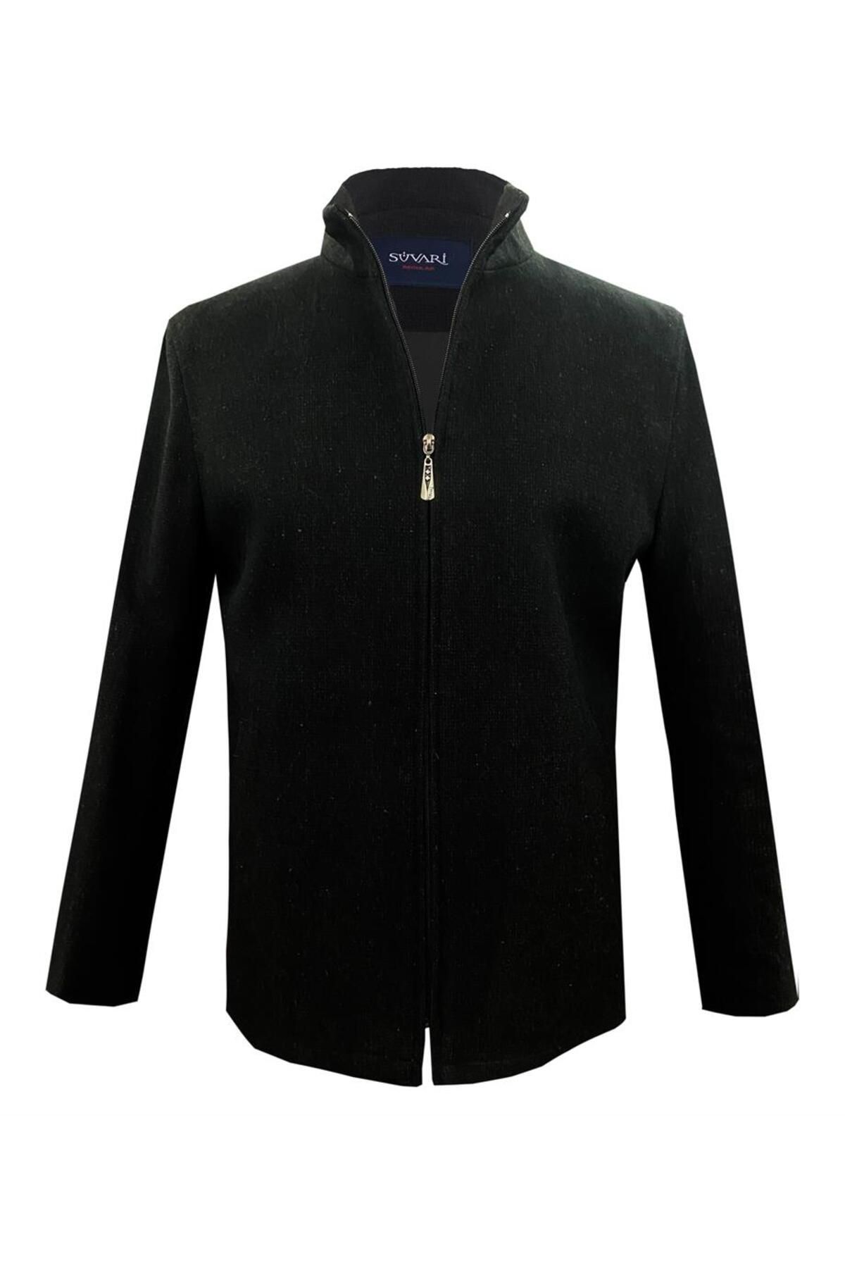 SÜVARİ-Süvari Loose Cut Stand Collar Dobby Black Woolen Coat 1