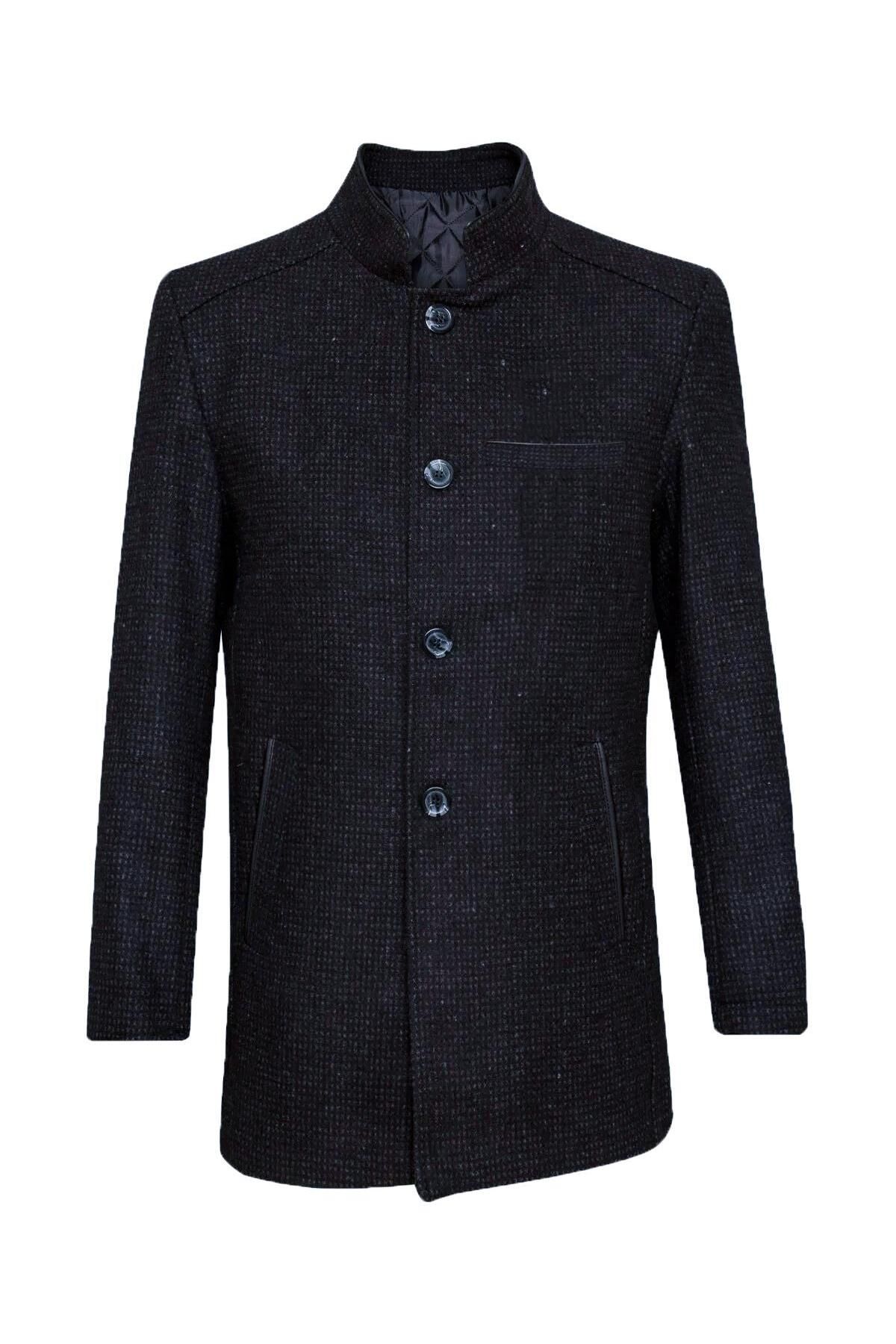 SÜVARİ-Süvari Comfortable Pattern Dobby Wool Navy Blue Judge Collar Men's Coat 1