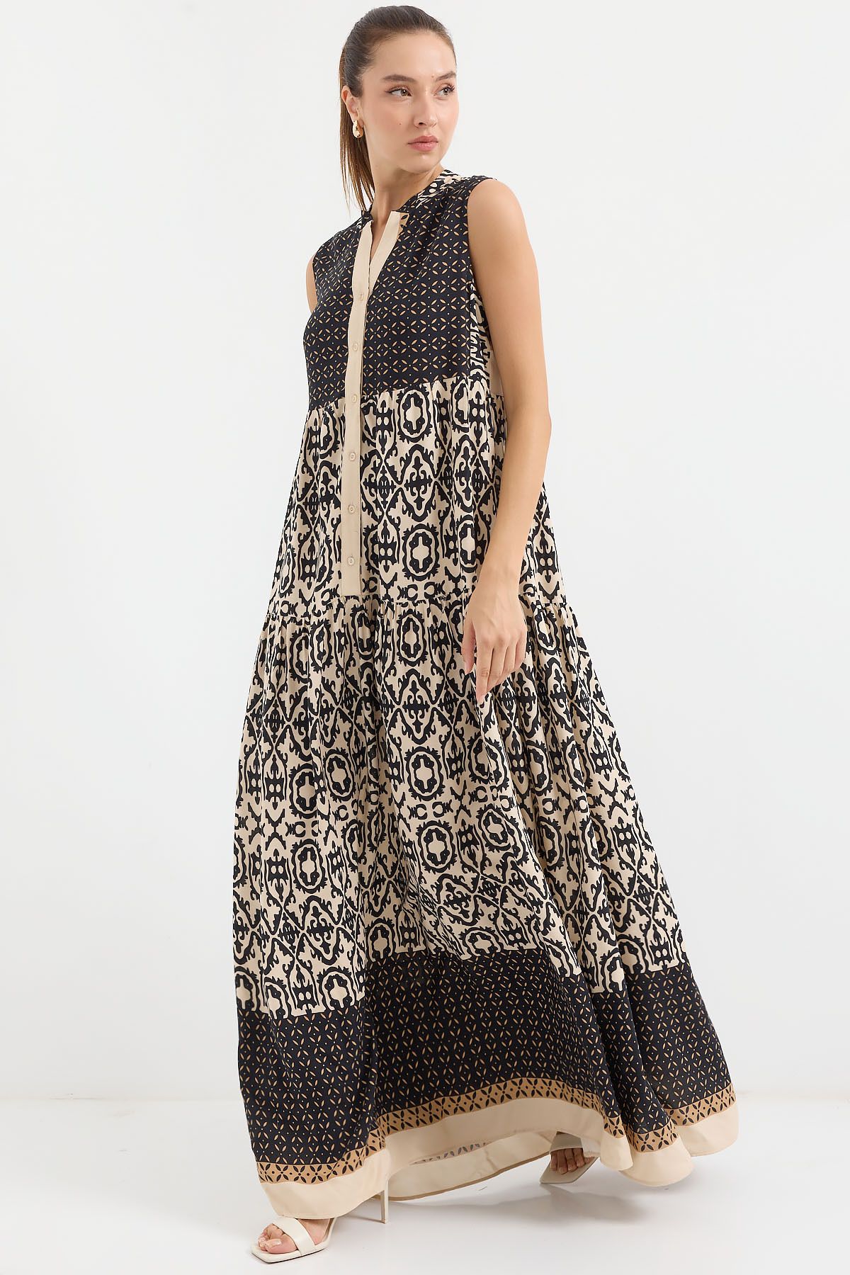 Bigdart-2515 Patterned - Null Sleeve Viscose Black Dress 2