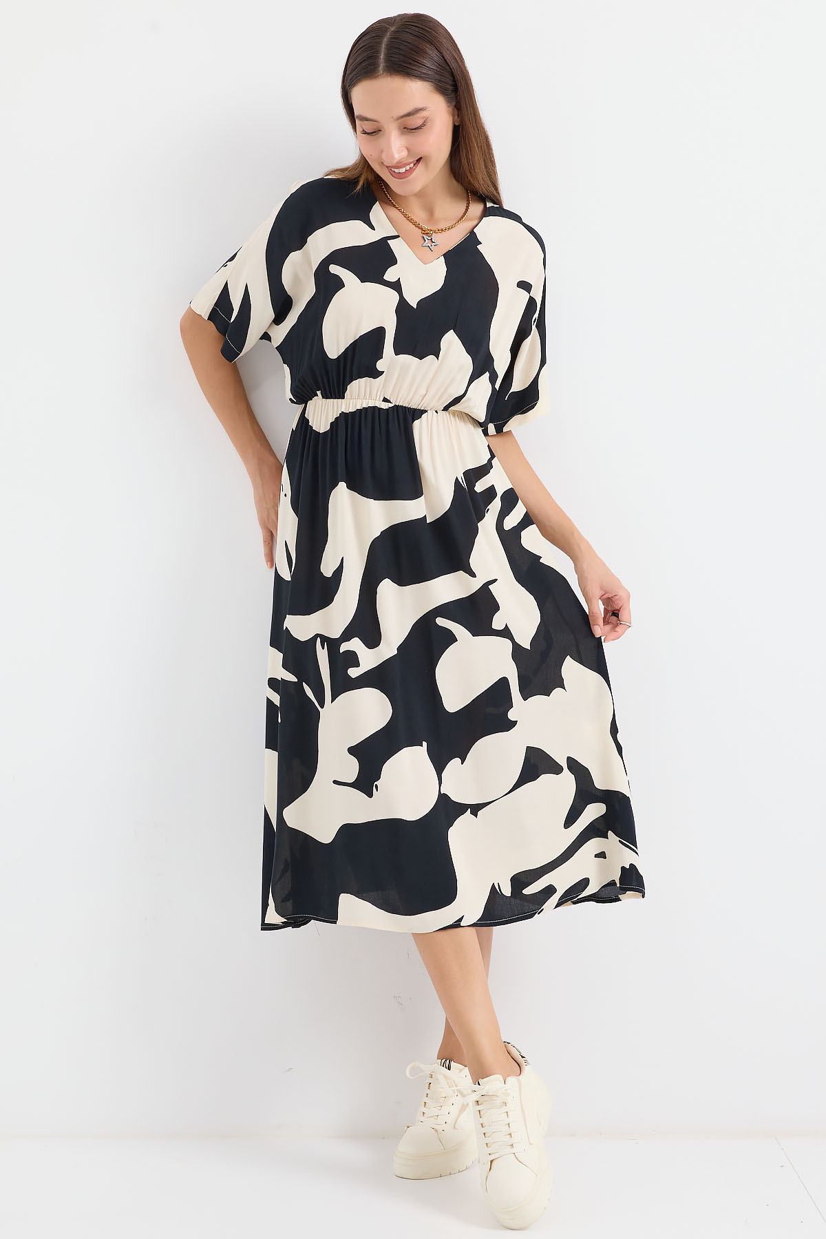 Bigdart-2511 Model - Black Patterned Dress with Elastic Waist 4