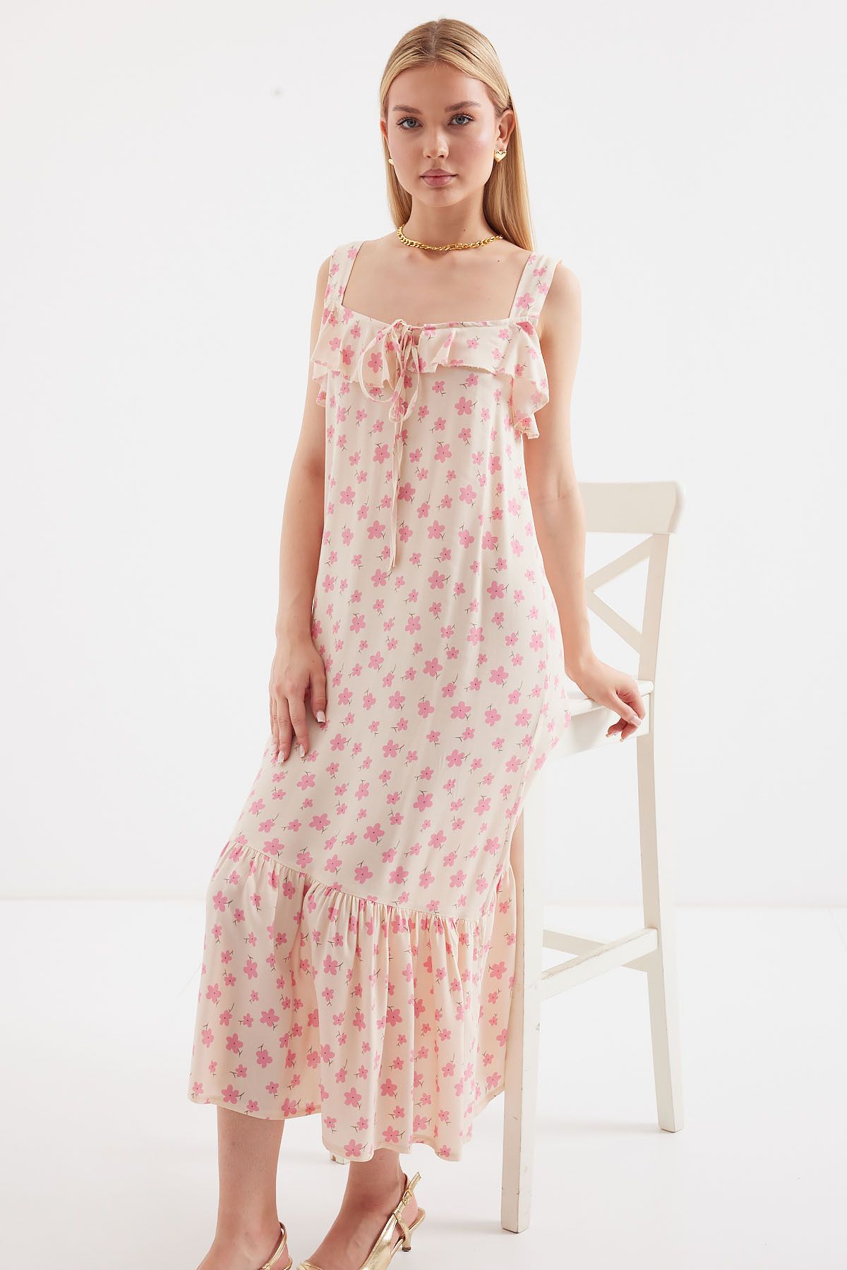 Bigdart-2237 Model Pink Patterned Viscose Strap Dress 4
