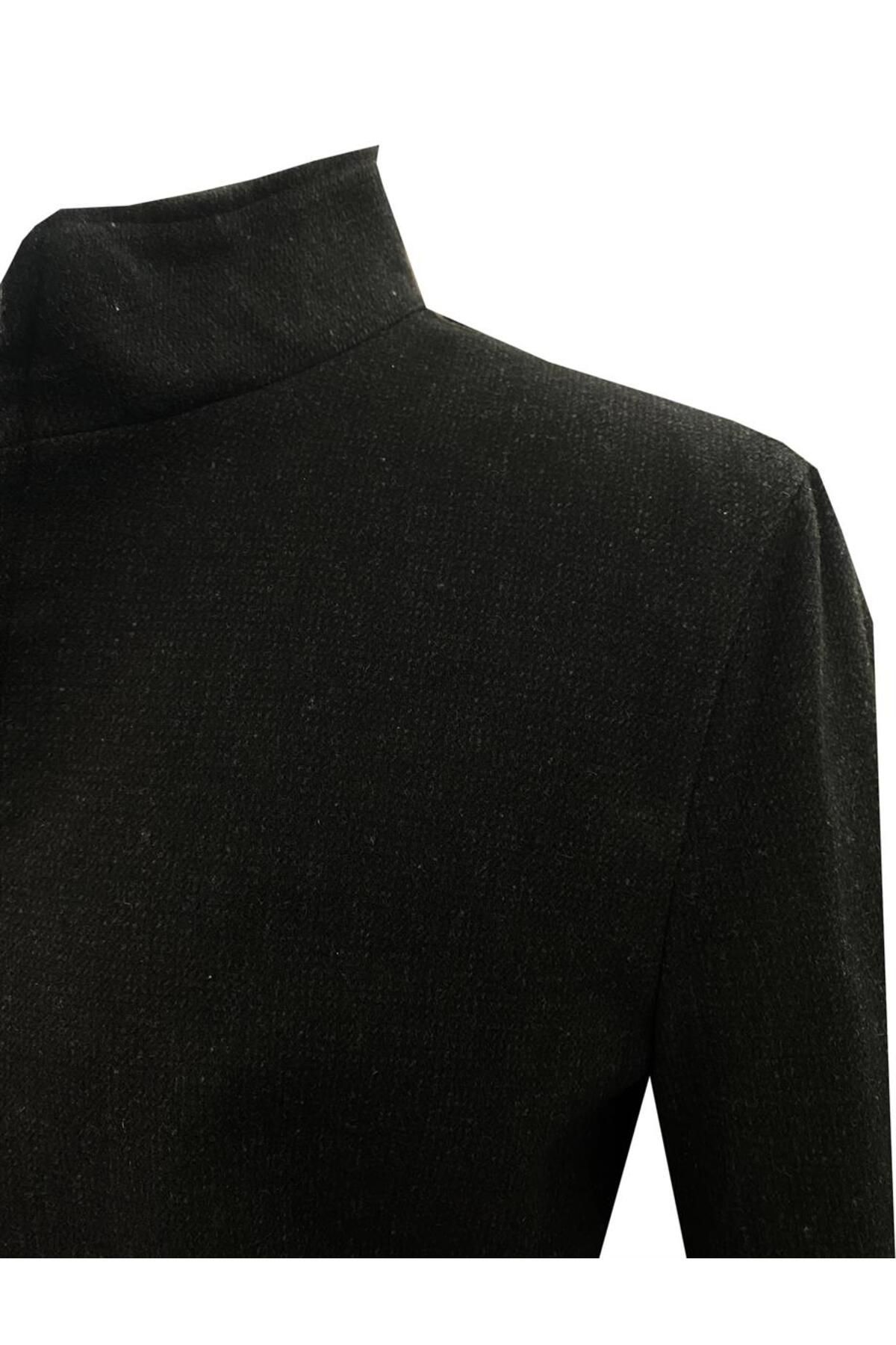 SÜVARİ-Süvari Loose Cut Stand Collar Dobby Black Woolen Coat 2