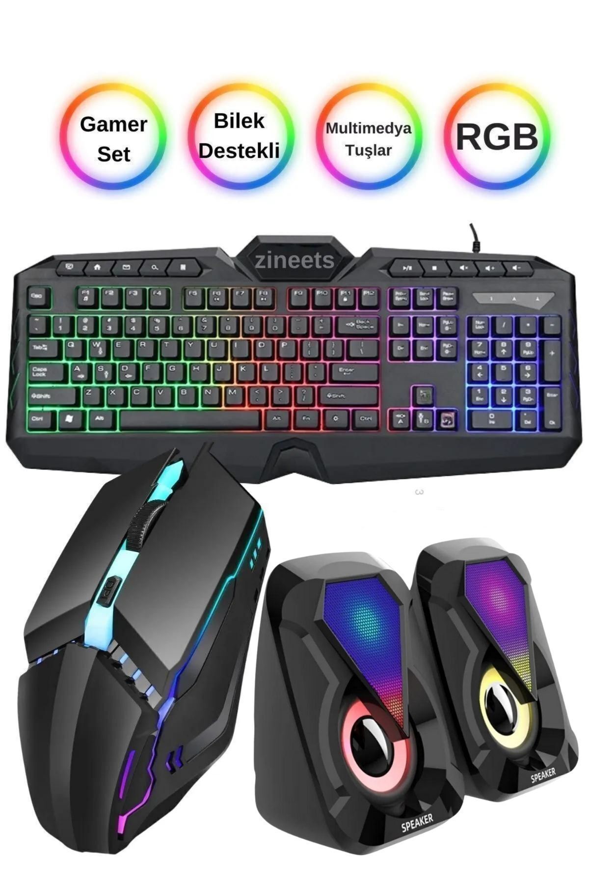 Zineets Led Aydınlatmalı Işıklı Klavye Mouse Ve PC Hoparlör Seti Oyuncu Gamer Set Gaming Usb Q Türkçe