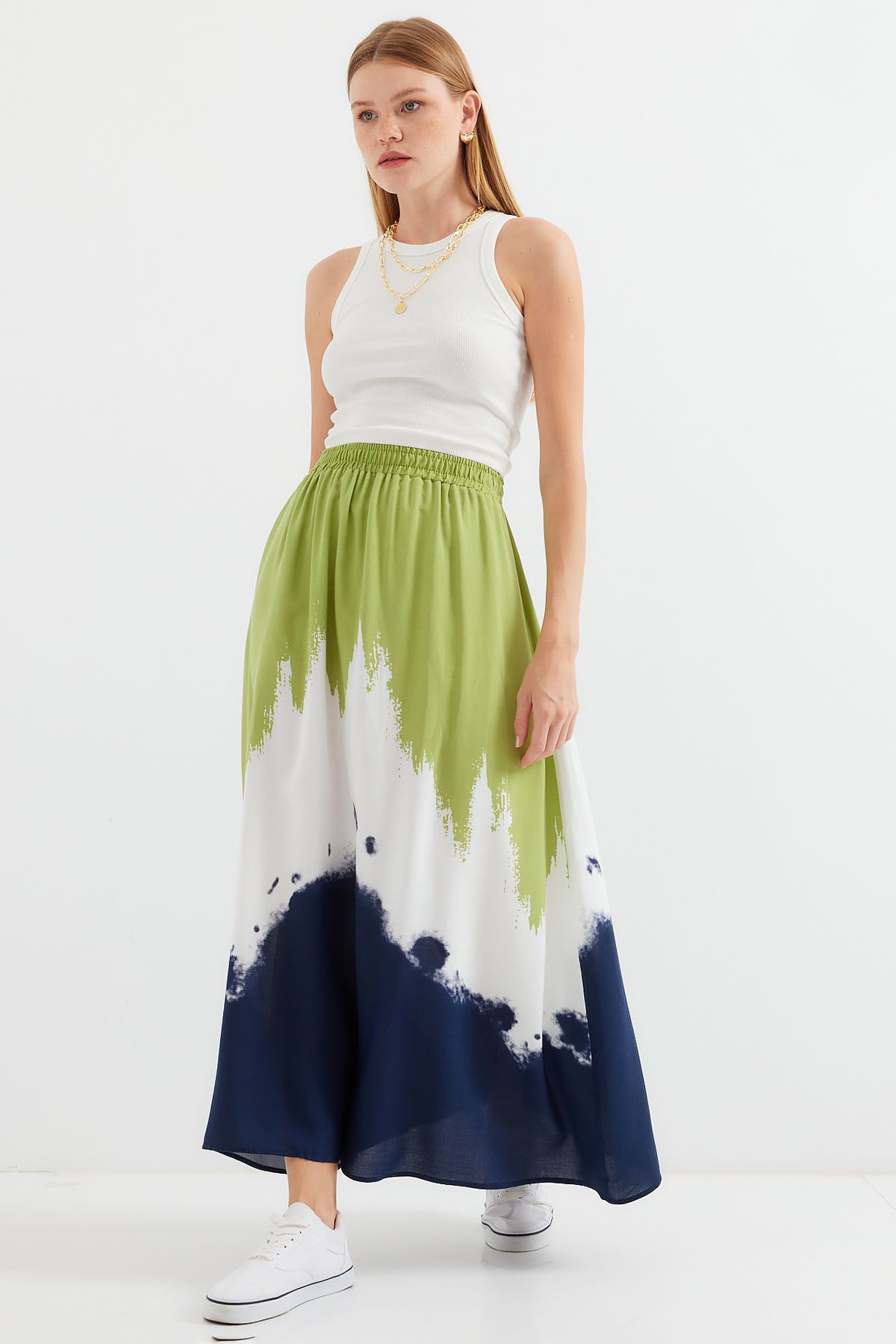 Bigdart-Green Long Viscose Skirt - 8025 Patterned 2