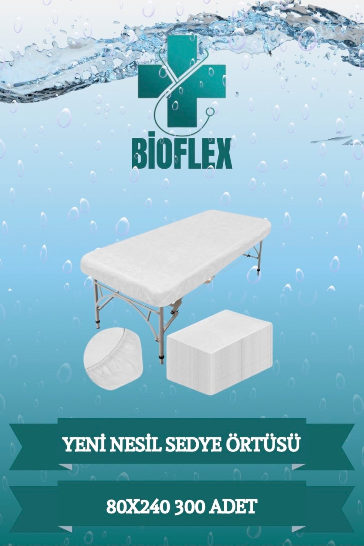 Bioflex 300 Adet 80x240 Yeni Nesil Her Tarafı Lastikli Sedye Örtüsü