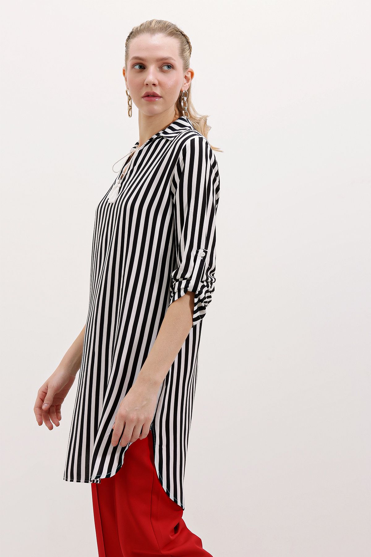 Bigdart-5613 Collar Lace Up Striped Tunic - Black 2