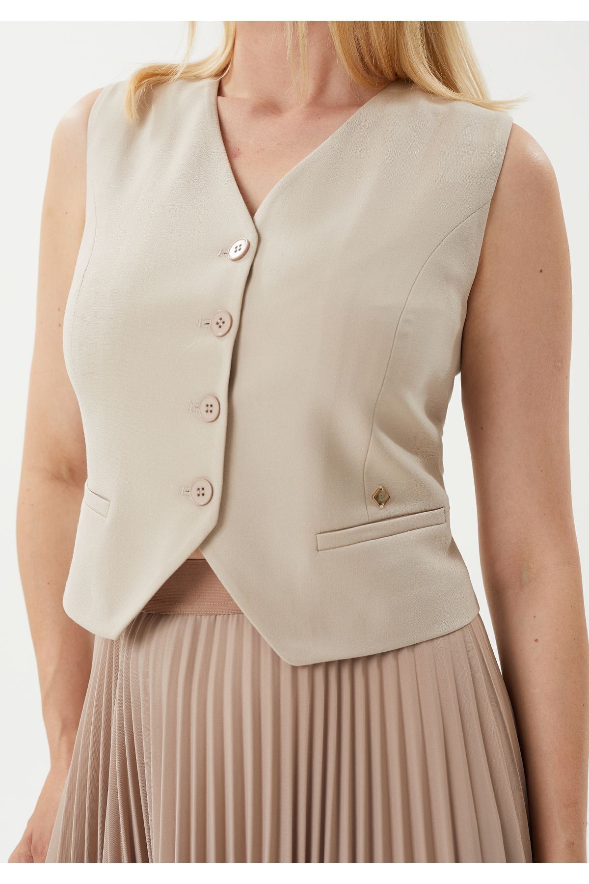 blouzella Vestă Țesătă Cu Decolteu În V, Elegantă, Culoarea Pietrei, Cu Detaliu De Brâu Femeie - 36