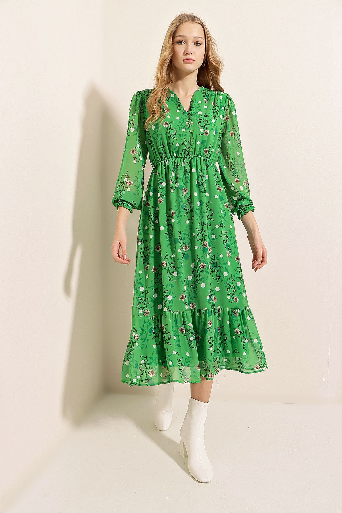 Bigdart-2137 Gemustertes Chiffonkleid – Grün 3