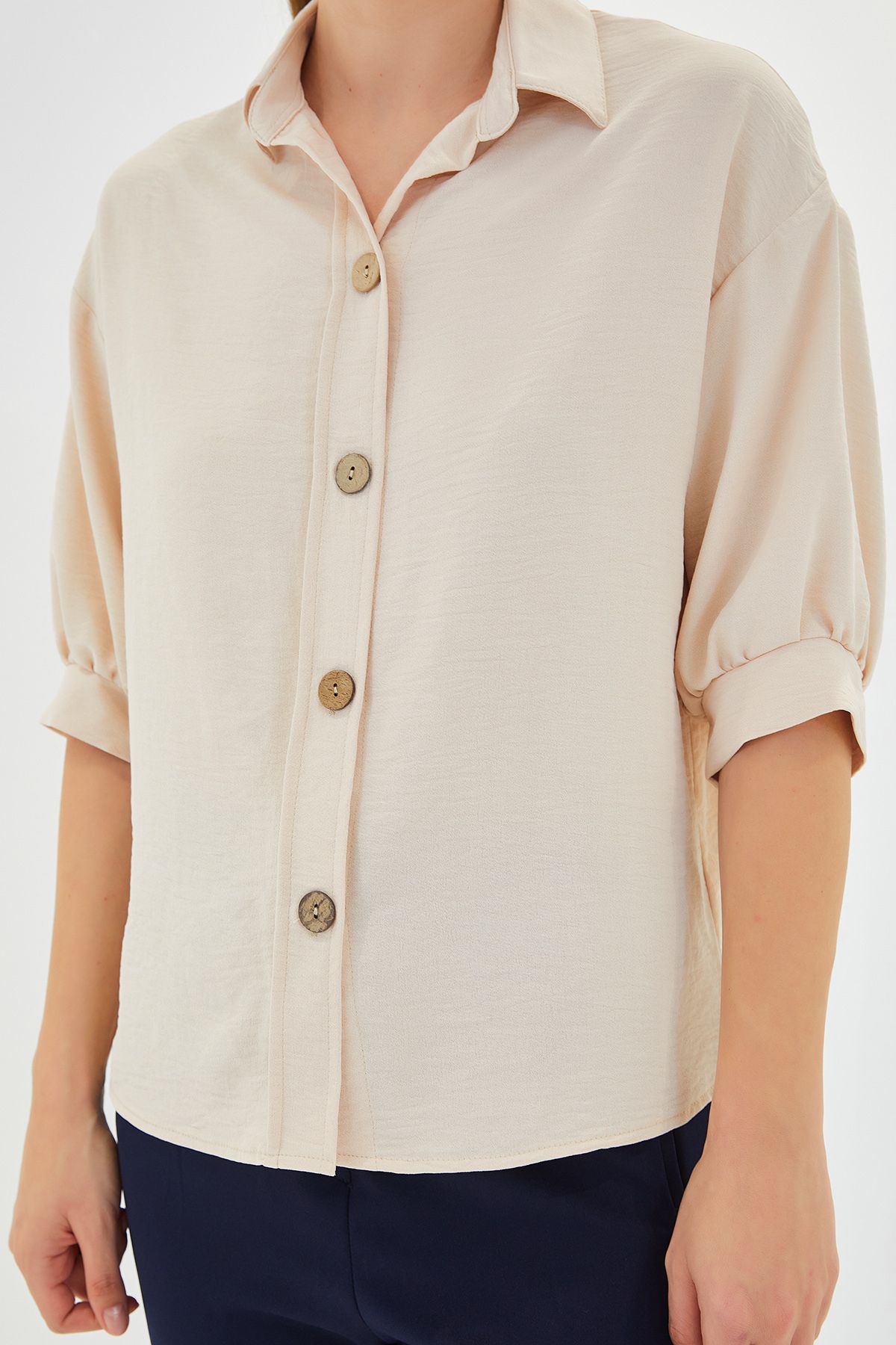 Bigdart-Women's Cream Short Sleeve Oversize Linen Shirt 20240 4