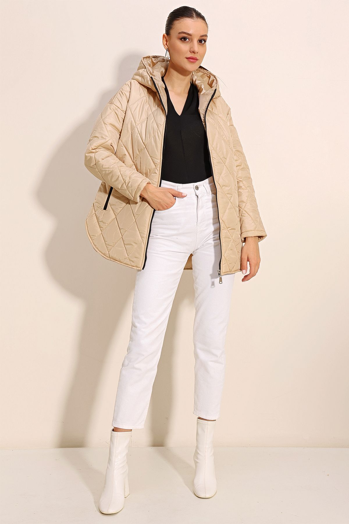 Bigdart-5181 Hooded Quilted Coat - Beige 2